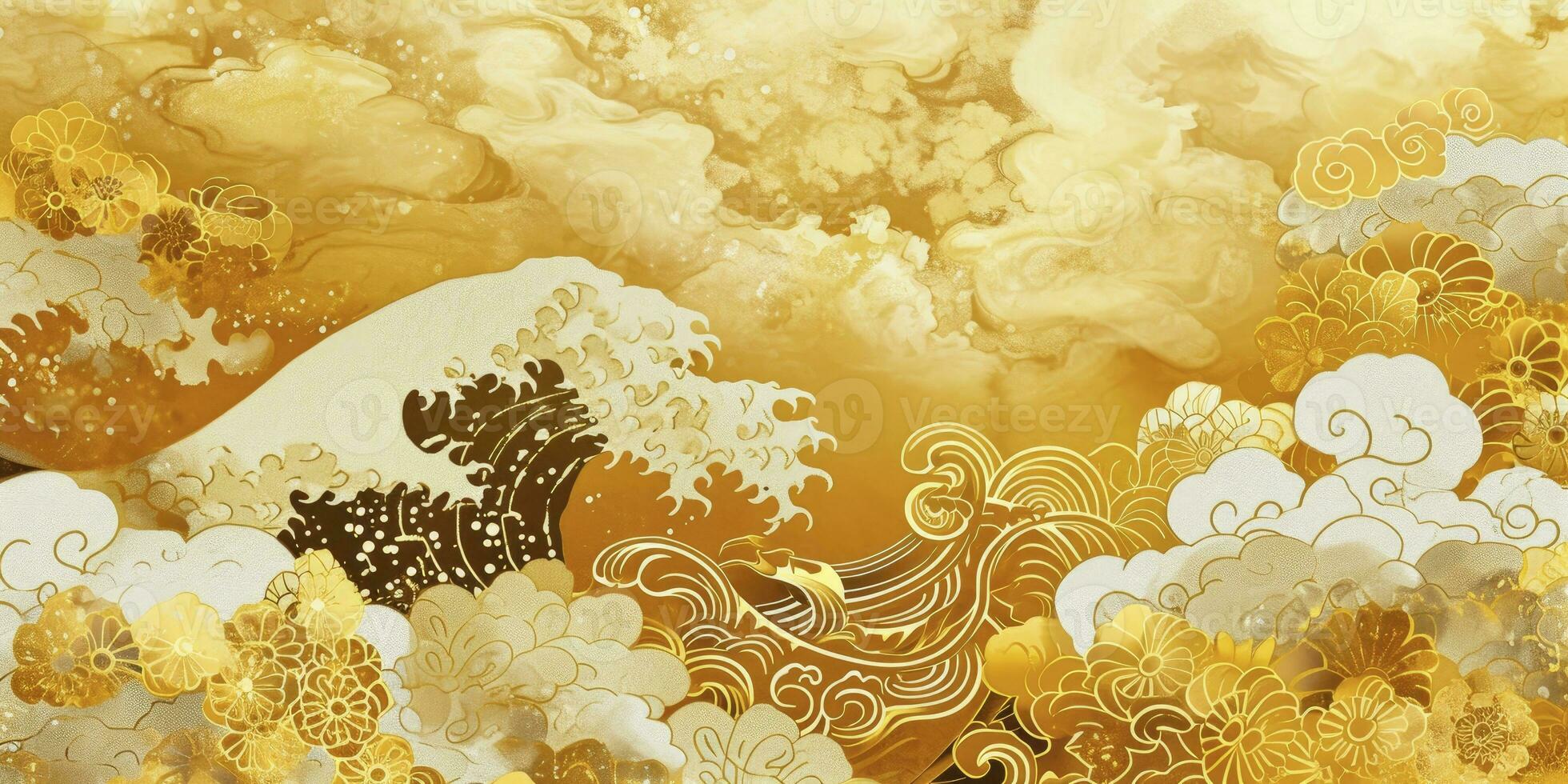 AI generated Japanese-Inspired Golden Leaf Frame with Watercolor Waves, Clouds, and Traditional Patterns. Exquisite Design for a Luxurious Paper Treatment or Banner with a Touch of Japan. photo