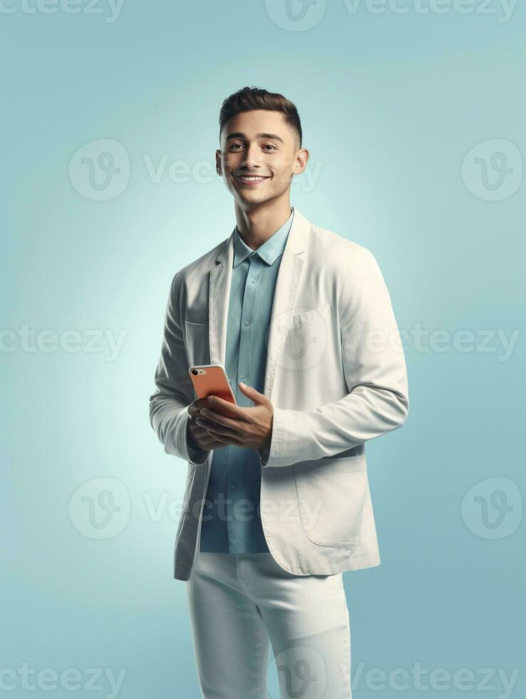 AI generated young man smiling while holding smartphone in his hand photo