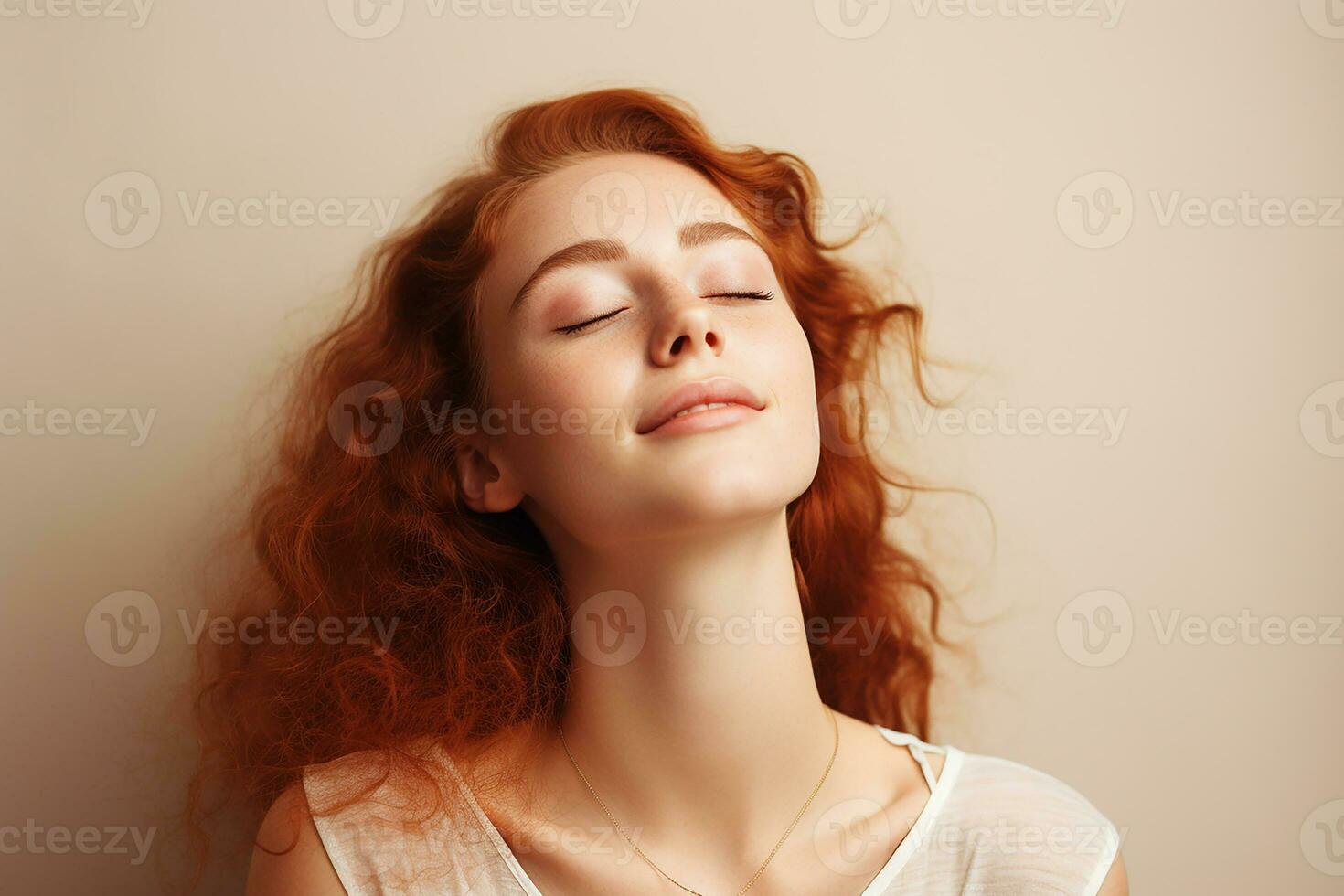 AI generated closeup shot of a beautiful red hair young woman smiling on isolated background generative AI photo