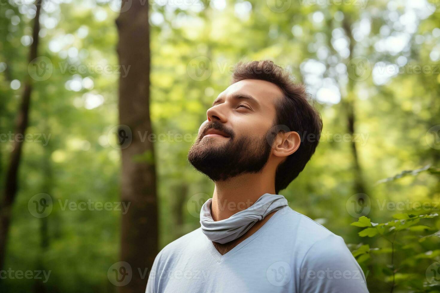 AI generated closeup portrait of sportsman in park with eyes closed breathing fresh photo