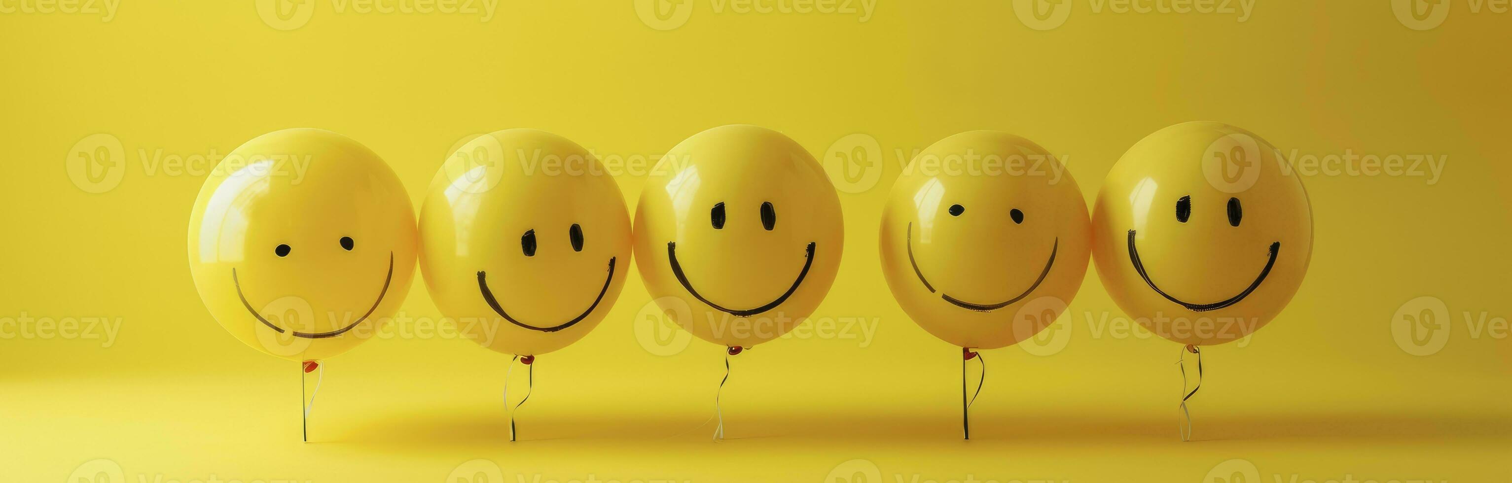 AI generated Smiley balloons sitting on a yellow background. photo