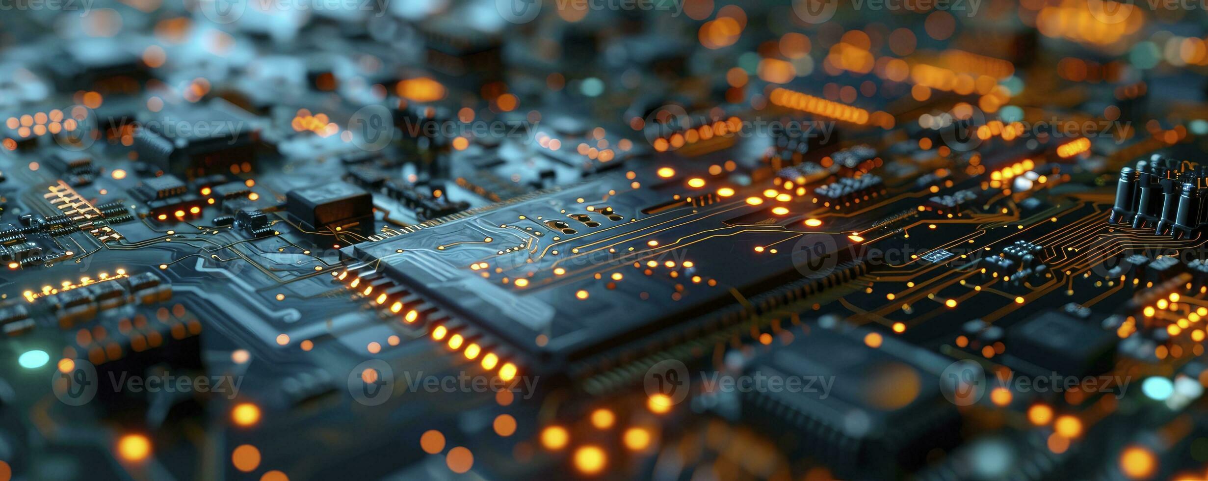 AI generated Printed circuit board futuristic server or Circuit board futuristic server code processing. Orange, green, blue technology background with bokeh. 3D Rendering photo