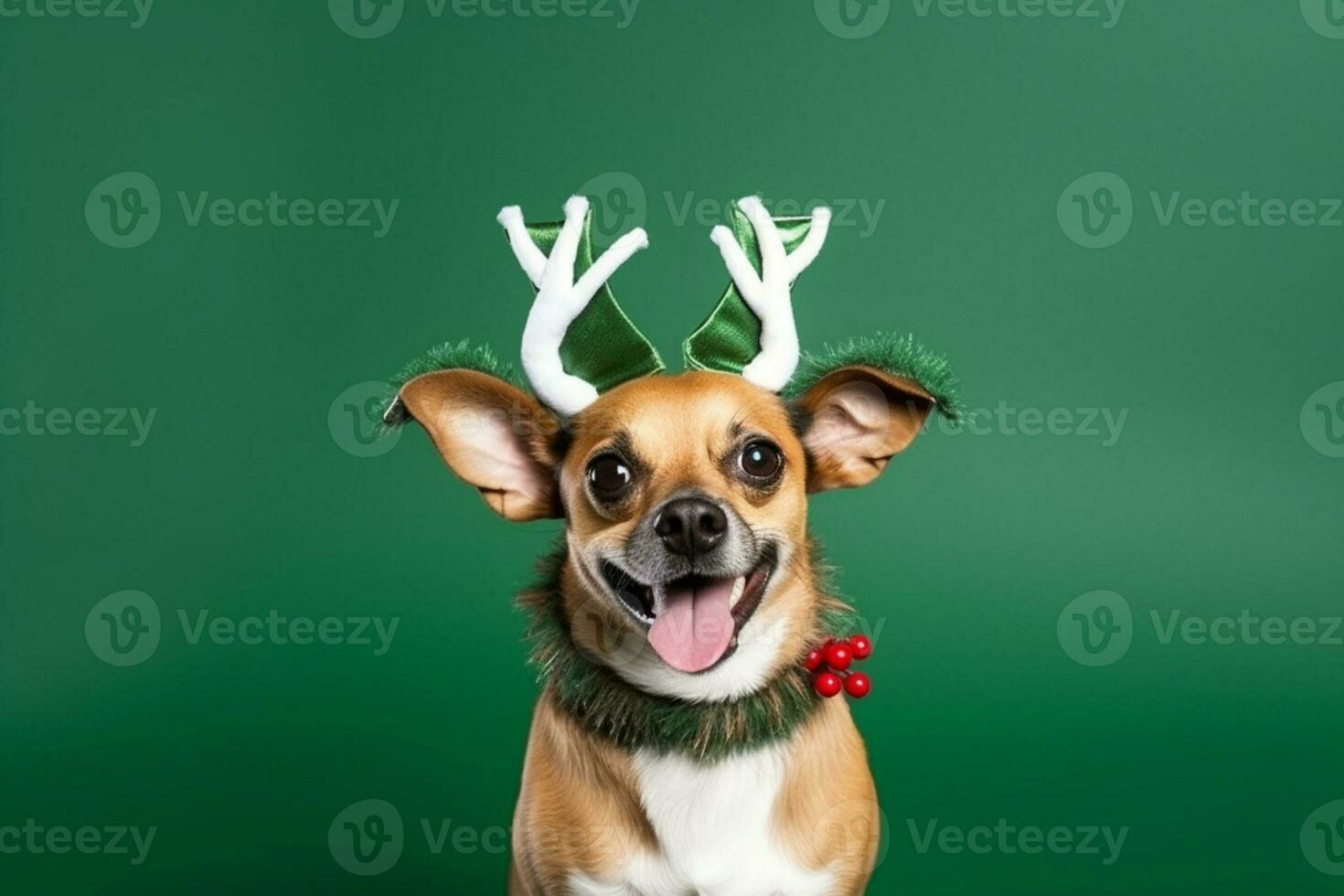 AI generated portrait of a cute puppy wearing a christmas reindeer headband photo