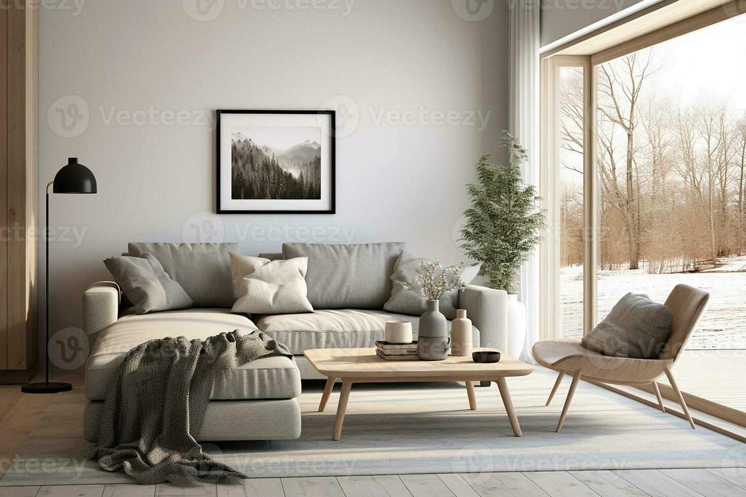 AI generated 3d rendered Minimal style Modern living room interior design with sofa photo