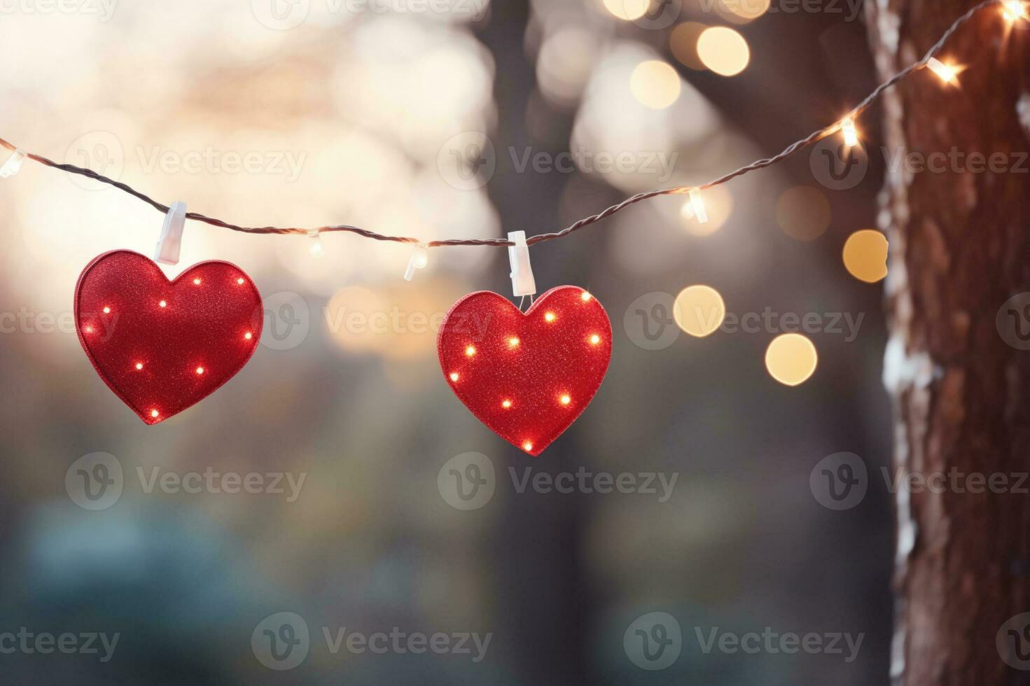AI generated Valentine day love beautiful hearts hanging on branch of tree photo