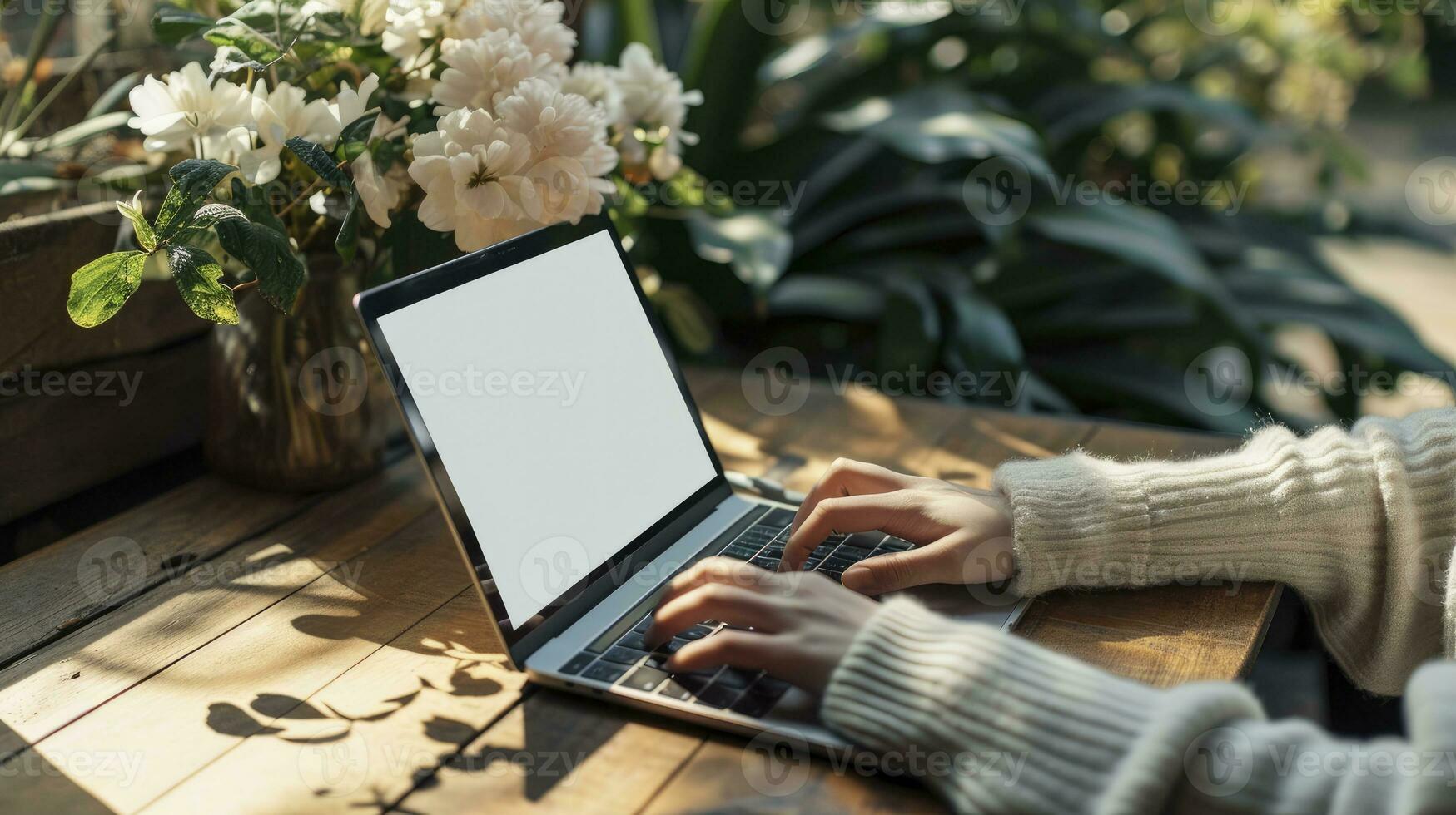 AI generated Mockup image of a woman using laptop with blank screen on wooden table. photo