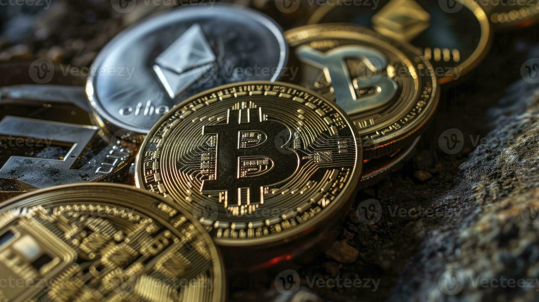 AI generated Symbolic cryptocurrency types represented as coins are lined up against dark background. photo