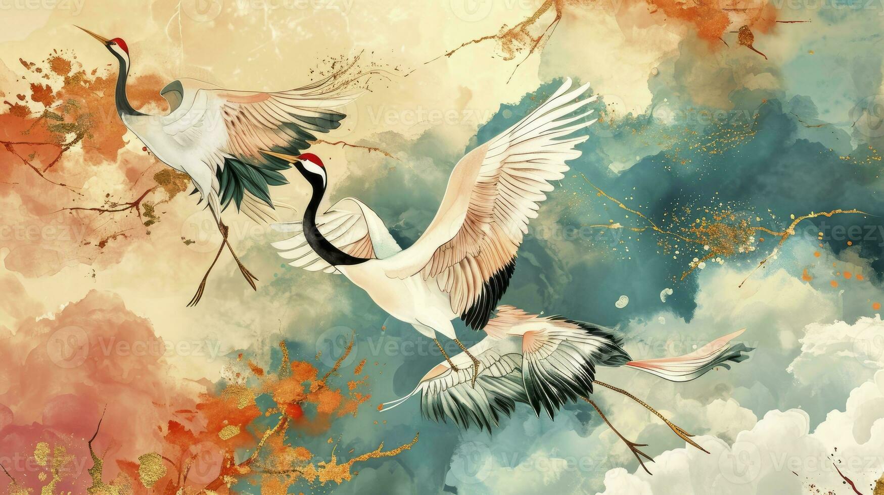 AI generated Luxury gold oriental style background. Chinese and Japanese wallpaper pattern design of elegant crane birds, cloud with watercolor texture. Design illustration for decoration, wall decor. photo