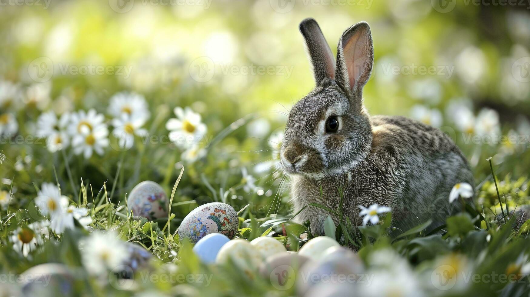 AI generated Adorable Bunny With Easter Eggs In Flowery Meadow photo