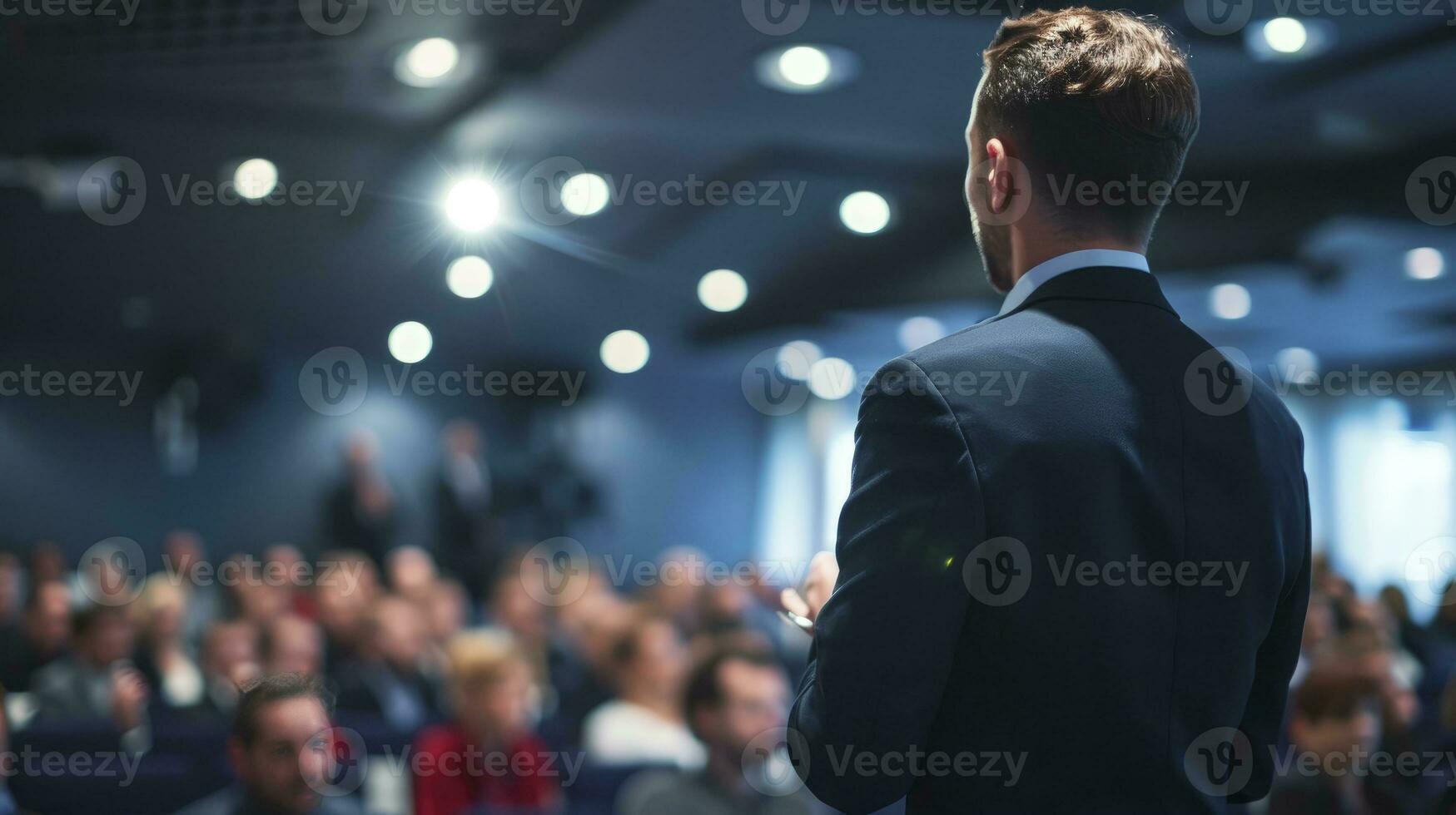 AI generated Business and entrepreneurship symposium. Speaker giving a talk at business meeting. Audience in conference hall. Rear view of unrecognized participant in audience. photo