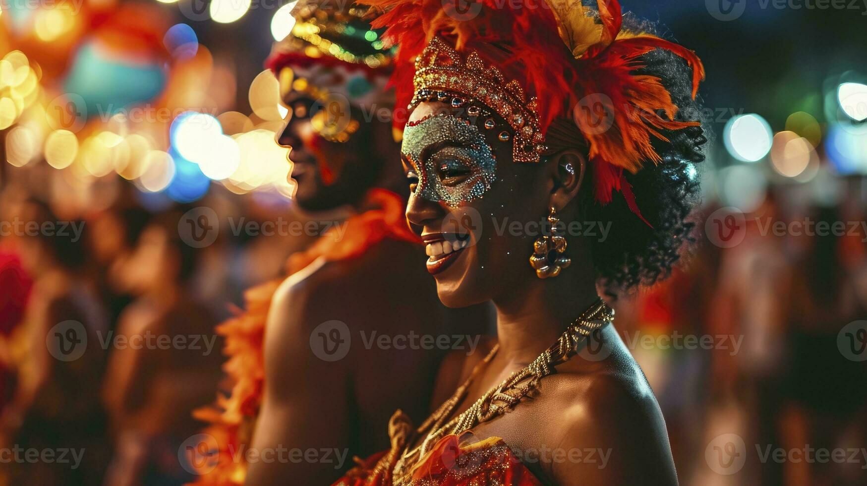 ai generado brasileño carnaval. Pareja en disfraz disfrutando el carnaval fiesta en el ciudad foto