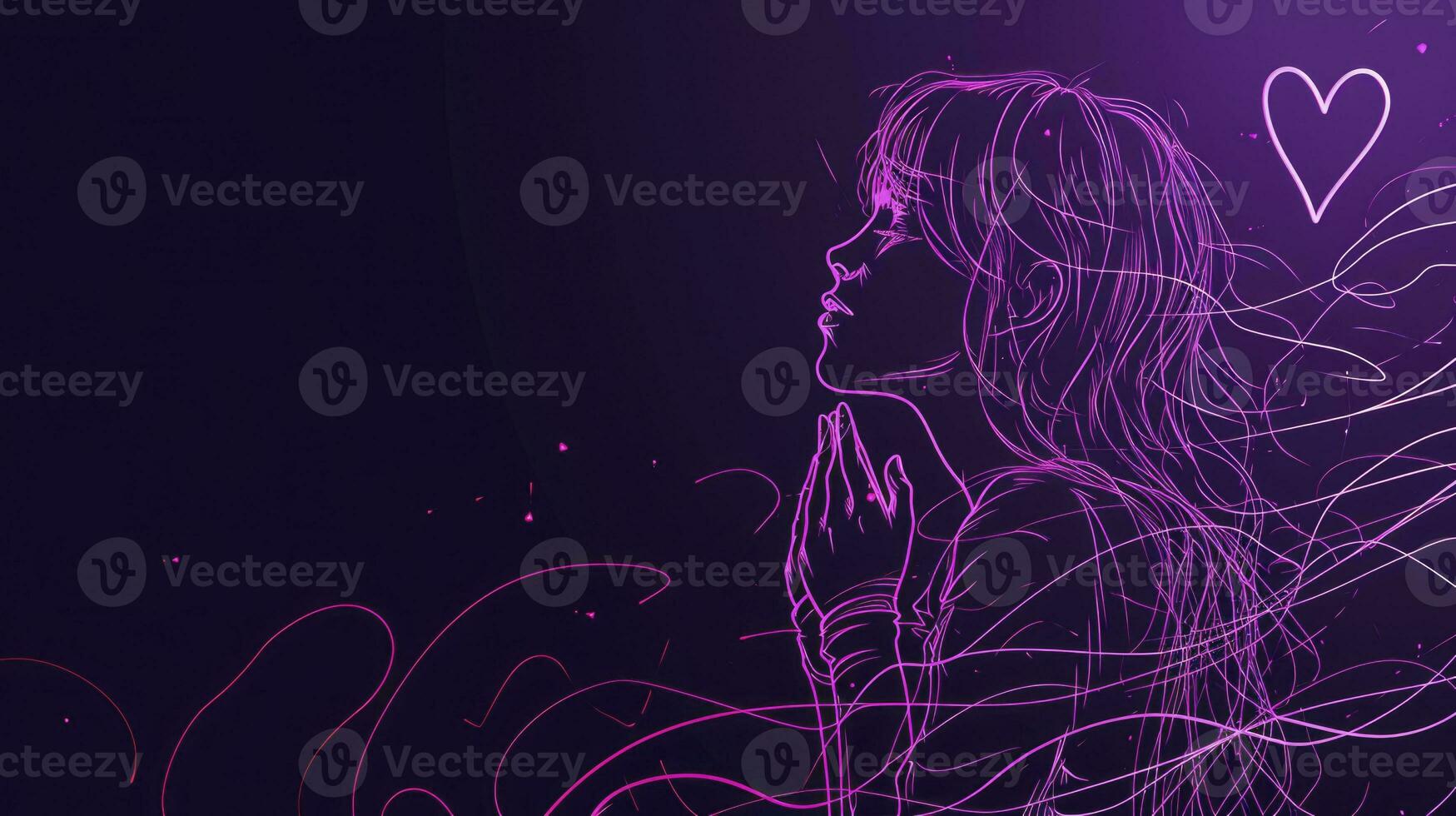 AI generated Simple glowing purple line drawing of a girl praying, heart for Valentine Day, simple, black and white, black colors background, copy space. photo