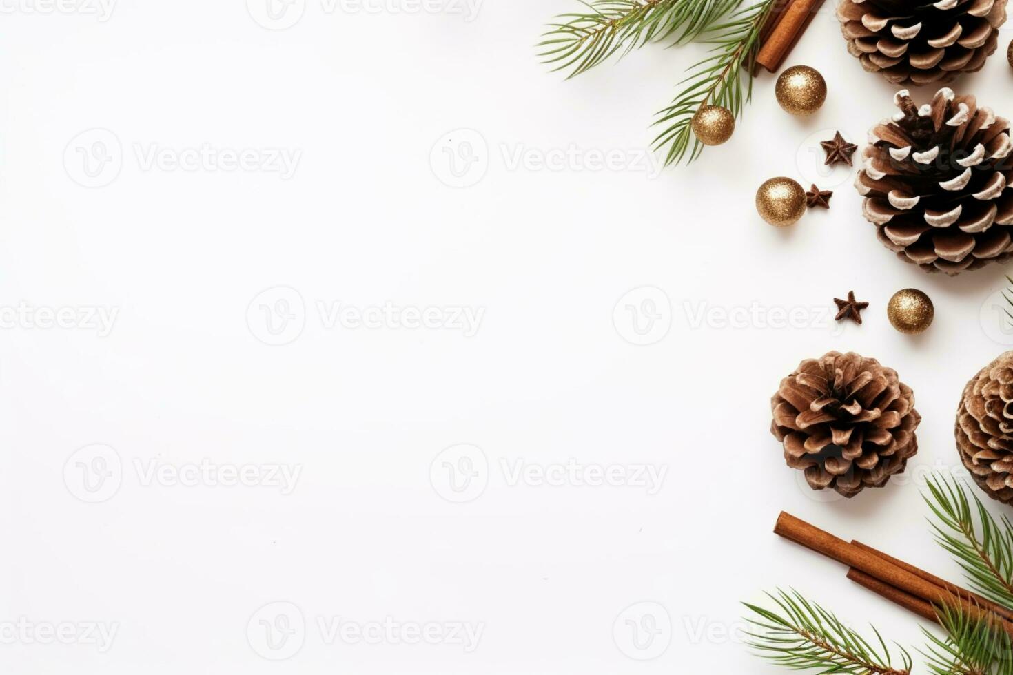AI generated Christmas composition of fir tree branches with gifts on white wooden background photo