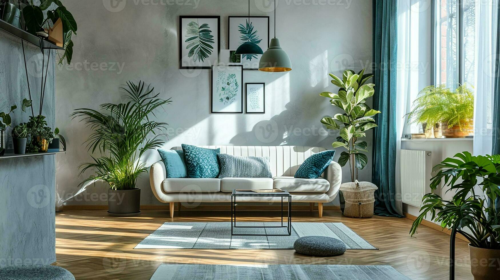 AI generated living room interior design with sofa minimal aesthetic 3d rendered photo