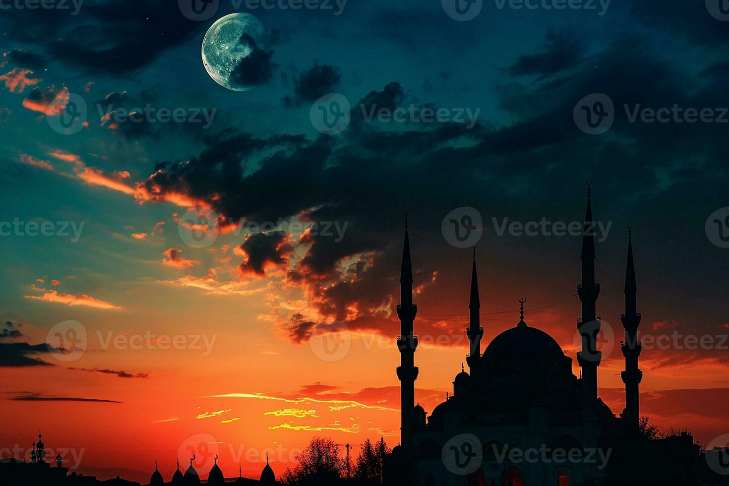 AI generated islamic background of silhouette islamic mosque at night with moon on blue sky photo