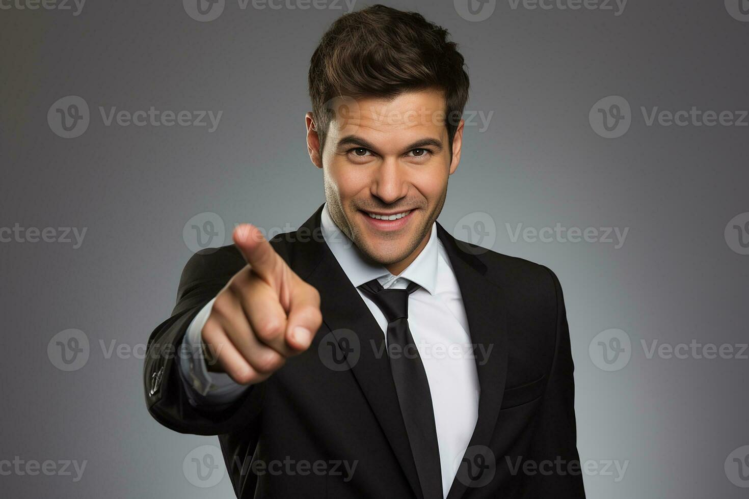 AI generated young smiling man in formal wear pointing with finger on you photo