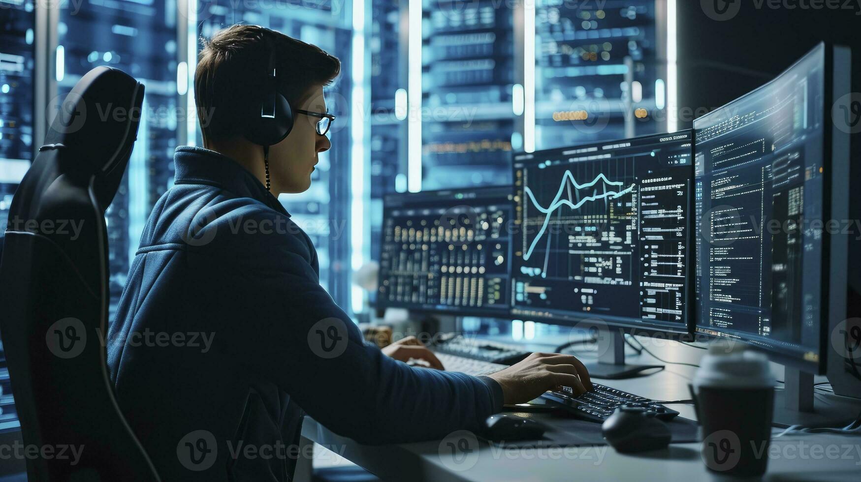 AI generated Professional IT Programer Working in Data Center on Desktop Computer with Three Displays, Doing Development of Software and Hardware. Displays Show Blockchain, Data Network Architecture photo