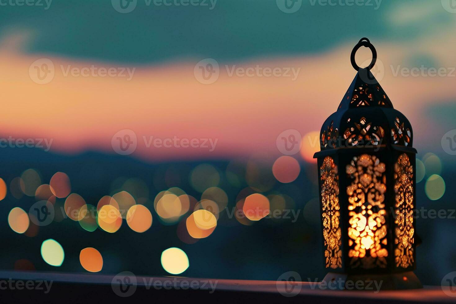 AI generated lantern with dusk sky and city bokeh light background photo