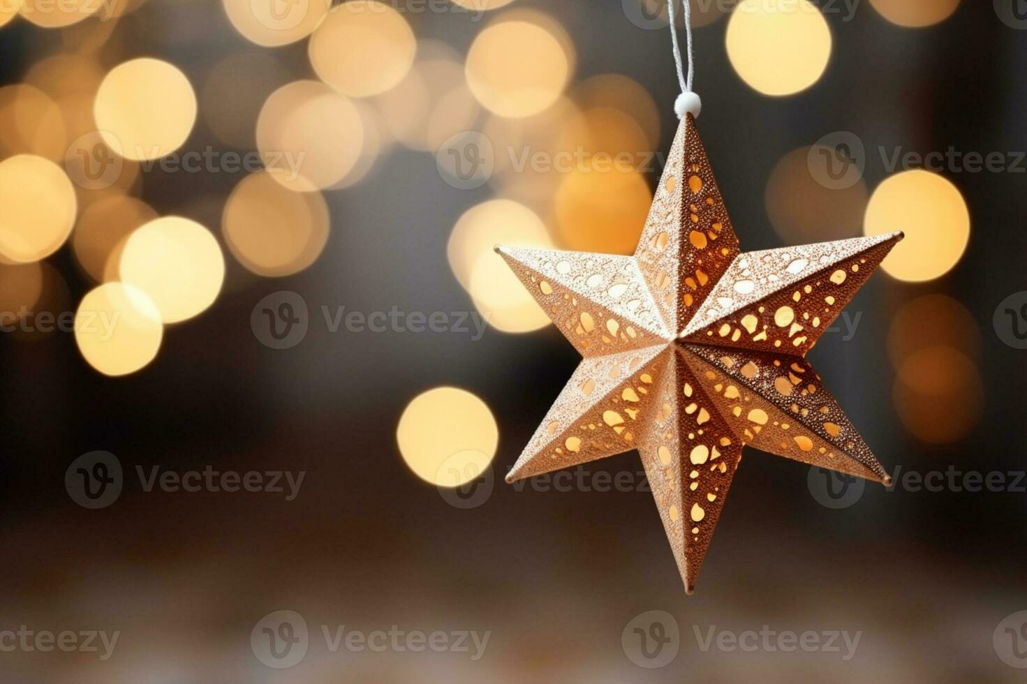 AI generated Selective focus shot of star ornament hanging on christmas tree photo