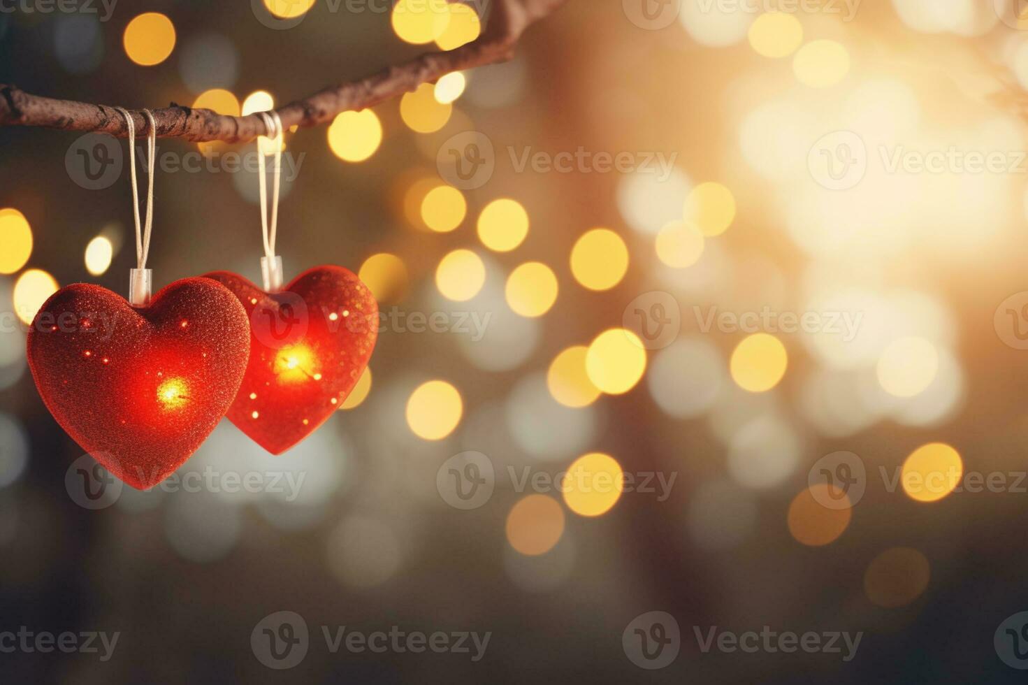 AI generated Valentine day love beautiful hearts hanging on branch of tree photo