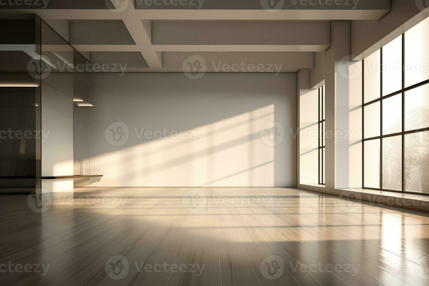 AI generated 3d rendered Modern Hall Interior Background Empty room with a huge window. minimal with copy space photo