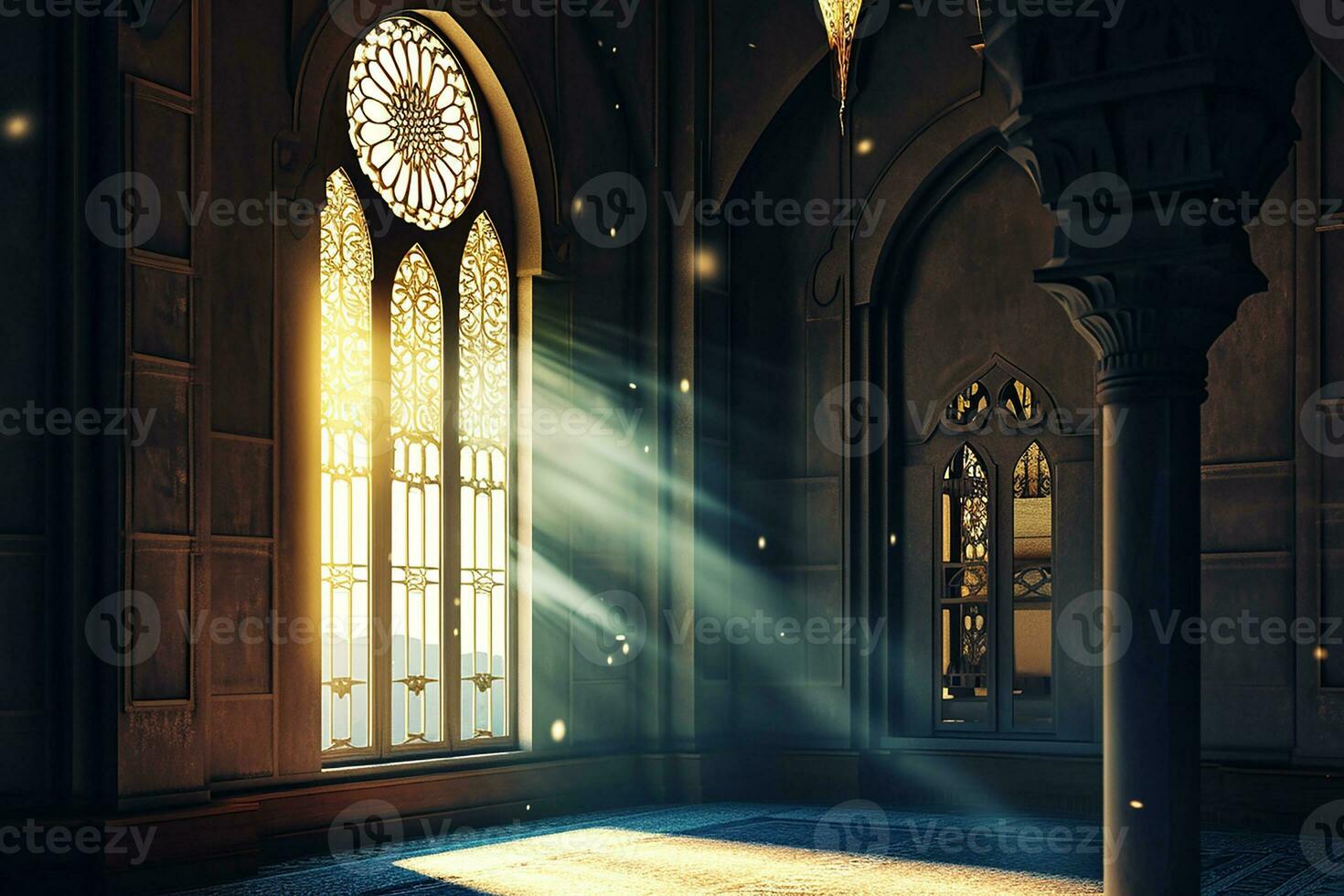 AI generated Islamic background light with mosque window ornament scene photo