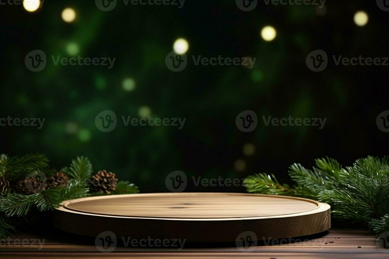 AI generated Christmas elegant and natural podium with tree stage display mockup with lightbranches of spruce pine photo