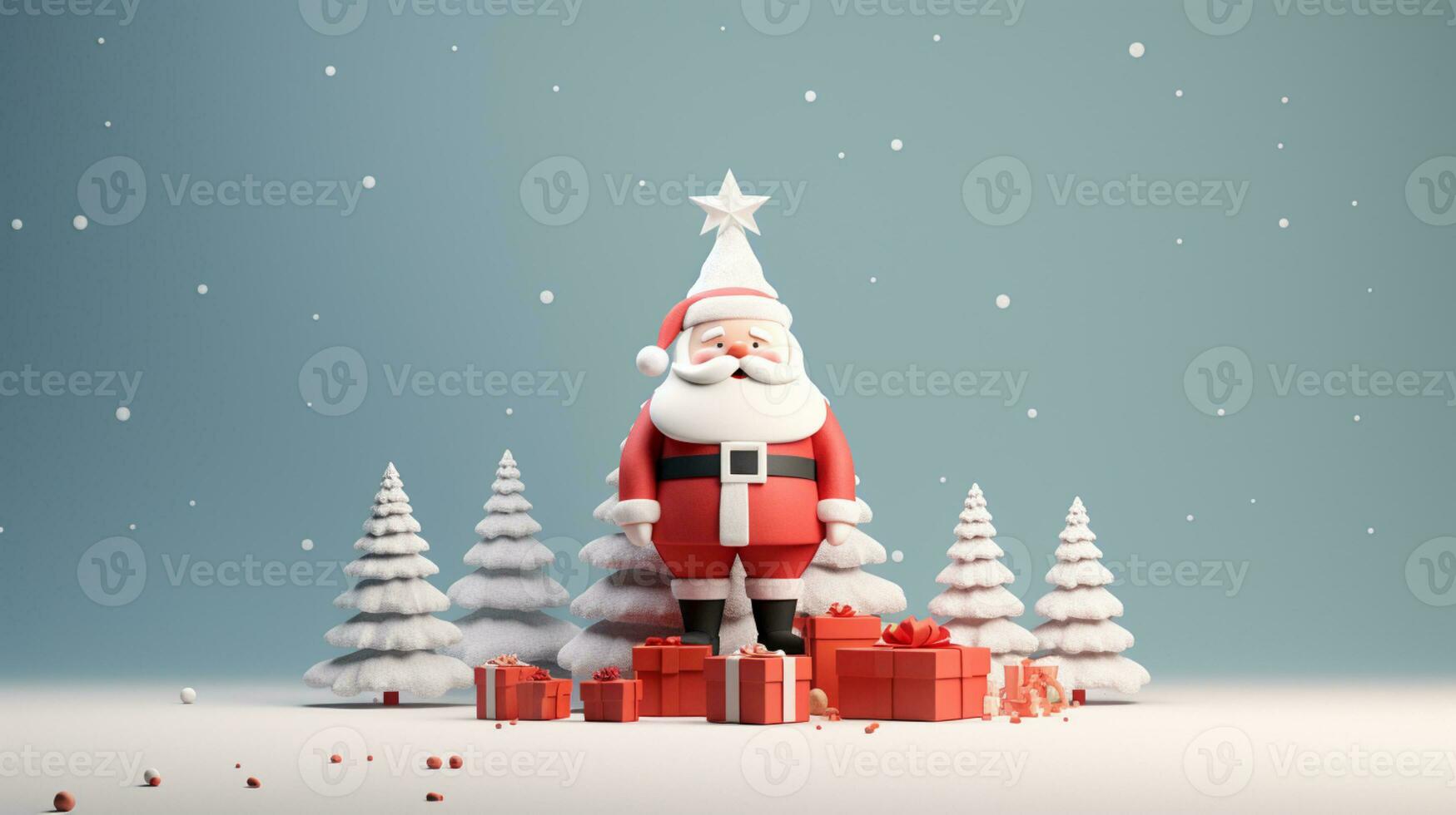 ai generado 3d prestados mínimo Papa Noel cláusula con Navidad árbol y regalos en pastel antecedentes foto