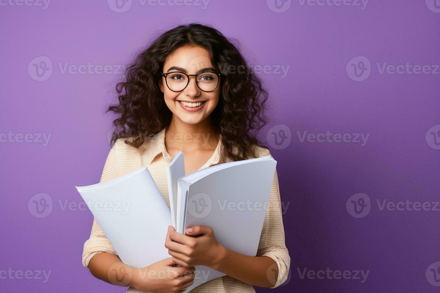 AI generated Portrait of beautiful young woman with books on isolated background generative AI photo