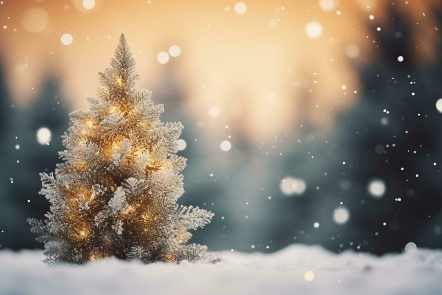 AI generated Snowflakes settling on pine branches under soft winter photo