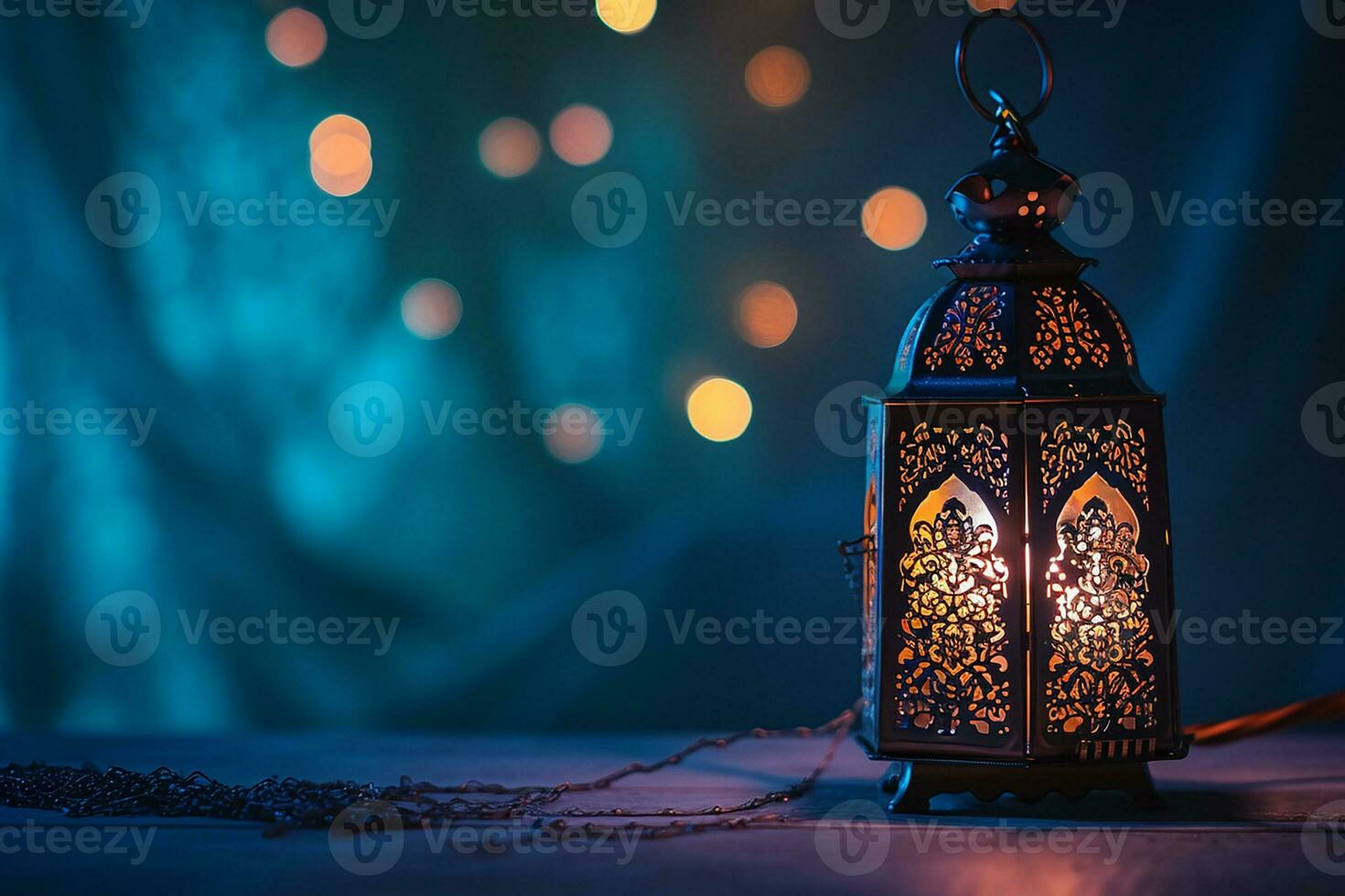 AI generated Ornamental Arabic lanterns. Glittering golden bokeh lights on the table photo