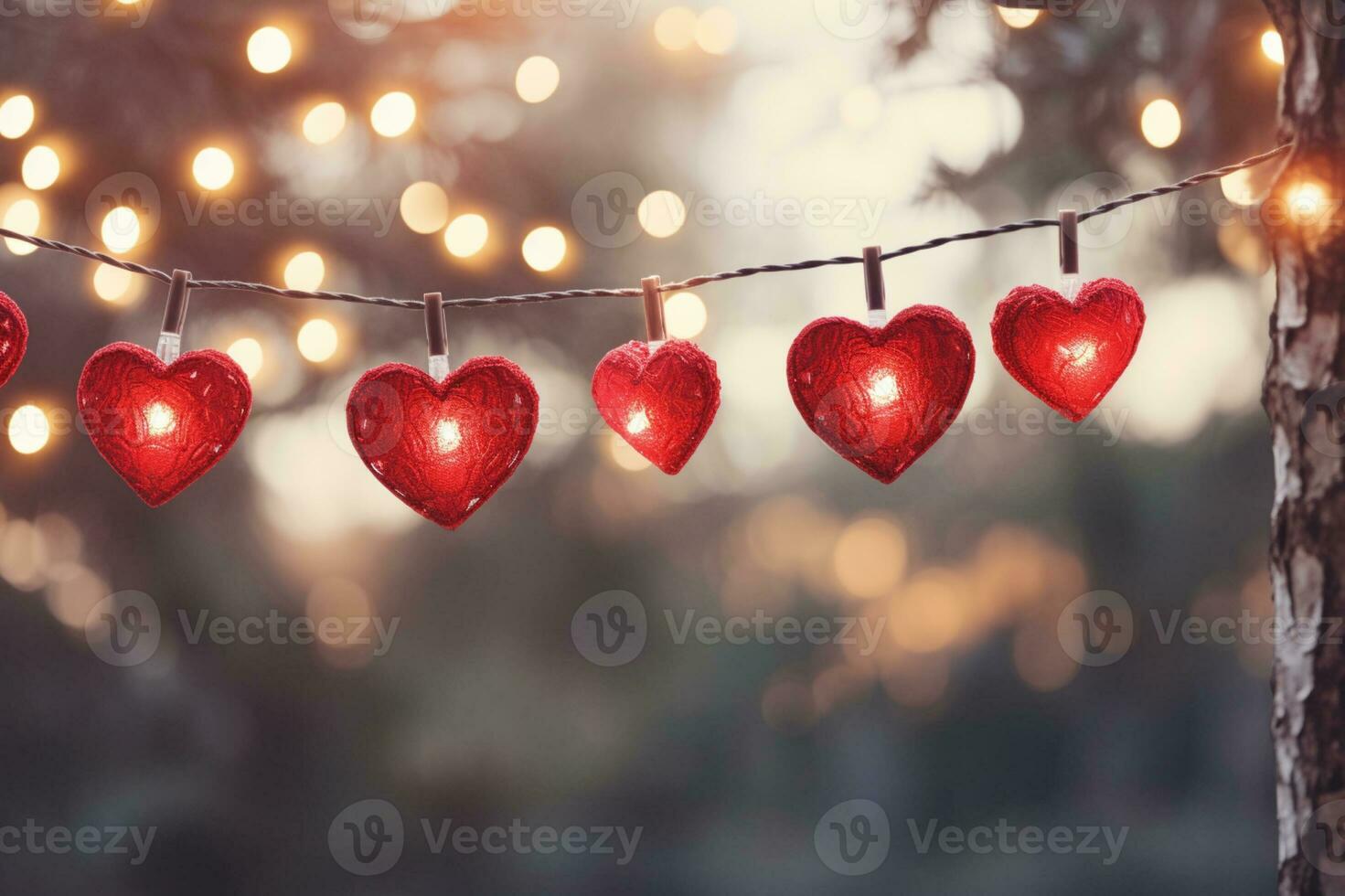 AI generated Valentine day love beautiful hearts hanging on branch of tree photo