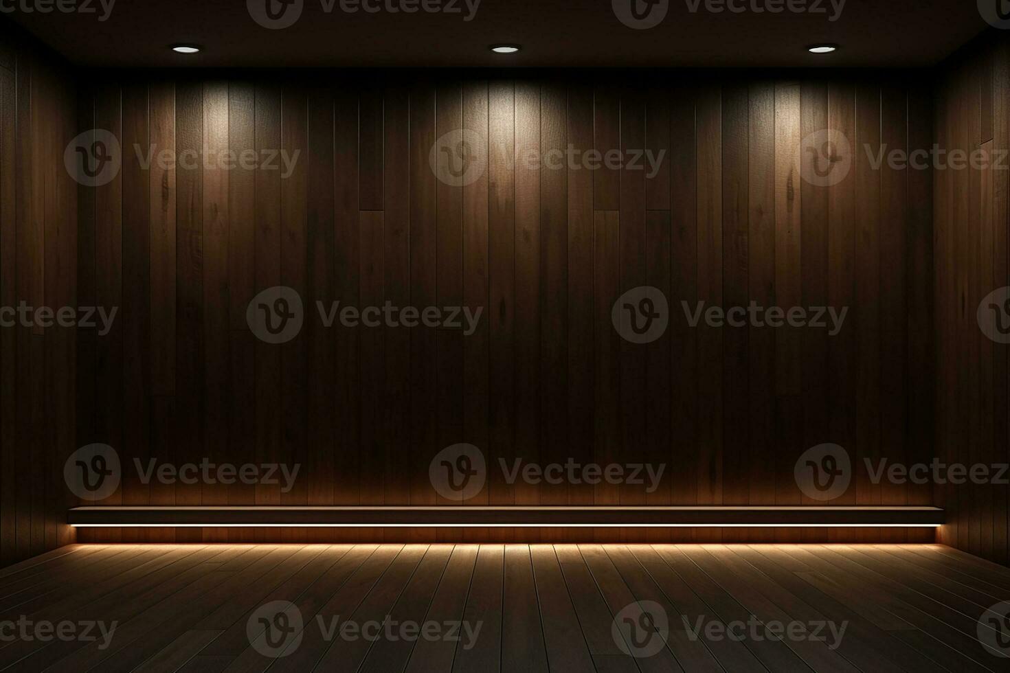 AI generated 3d rendered empty wooden room with lights and copy space photo