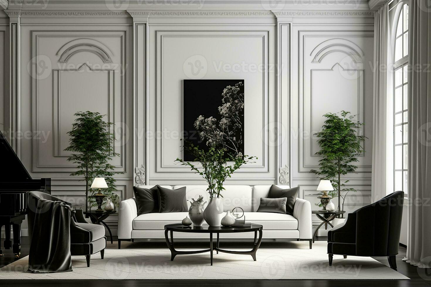 AI generated 3d rendered Minimal style Modern living room interior design with sofa photo