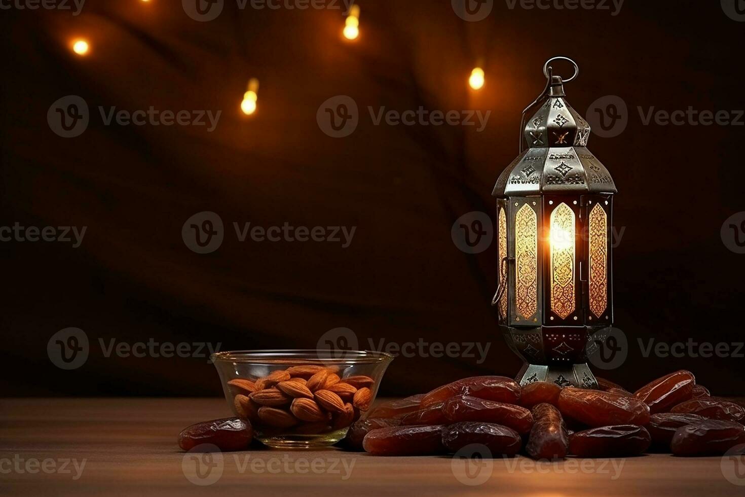 ai generado ornamental Arábica linterna brillante en mesa para musulmán santo mes Ramadán kareem foto