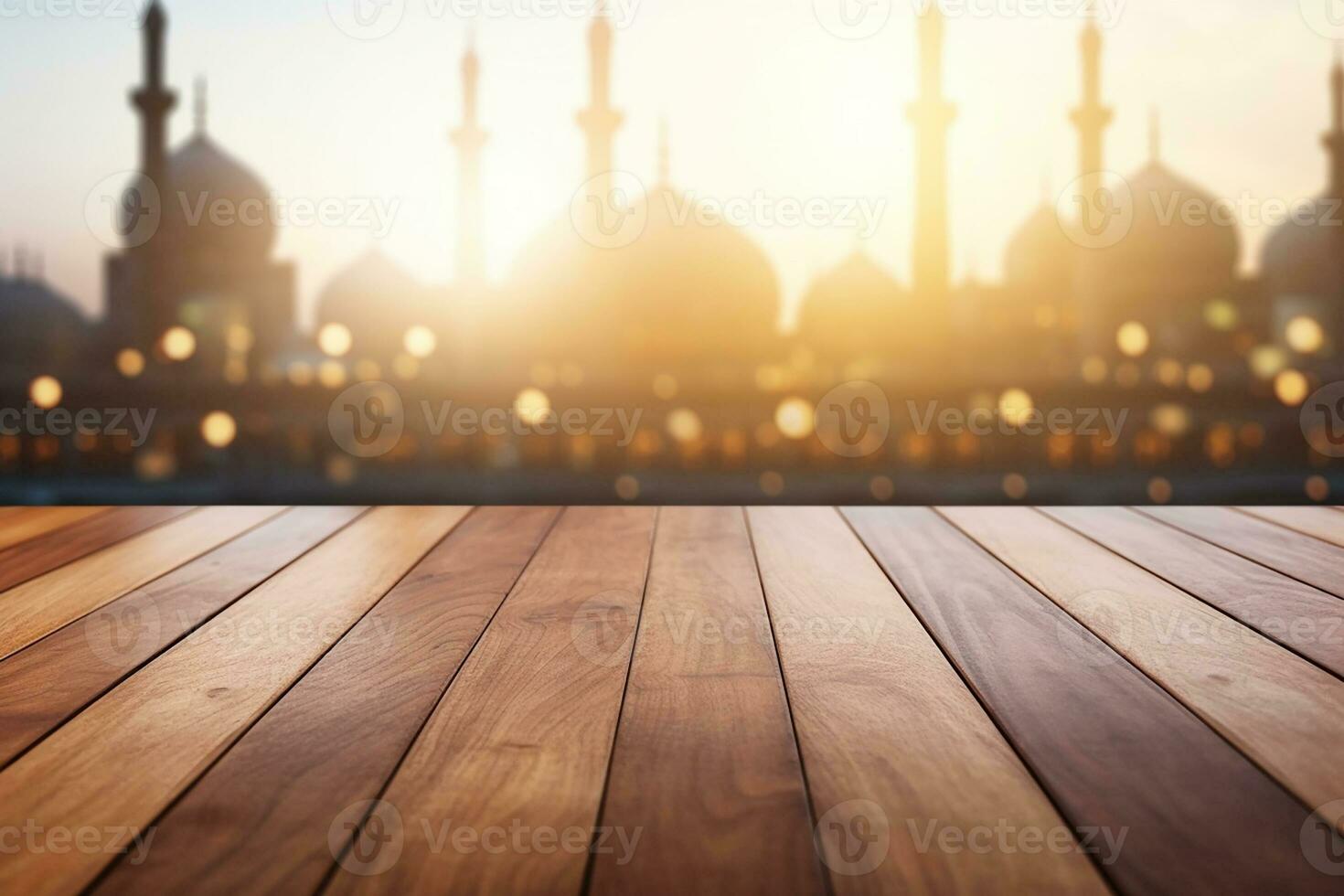 ai generado vacío hermosa madera mesa parte superior mostrador y difuminar bokeh mezquita en antecedentes foto