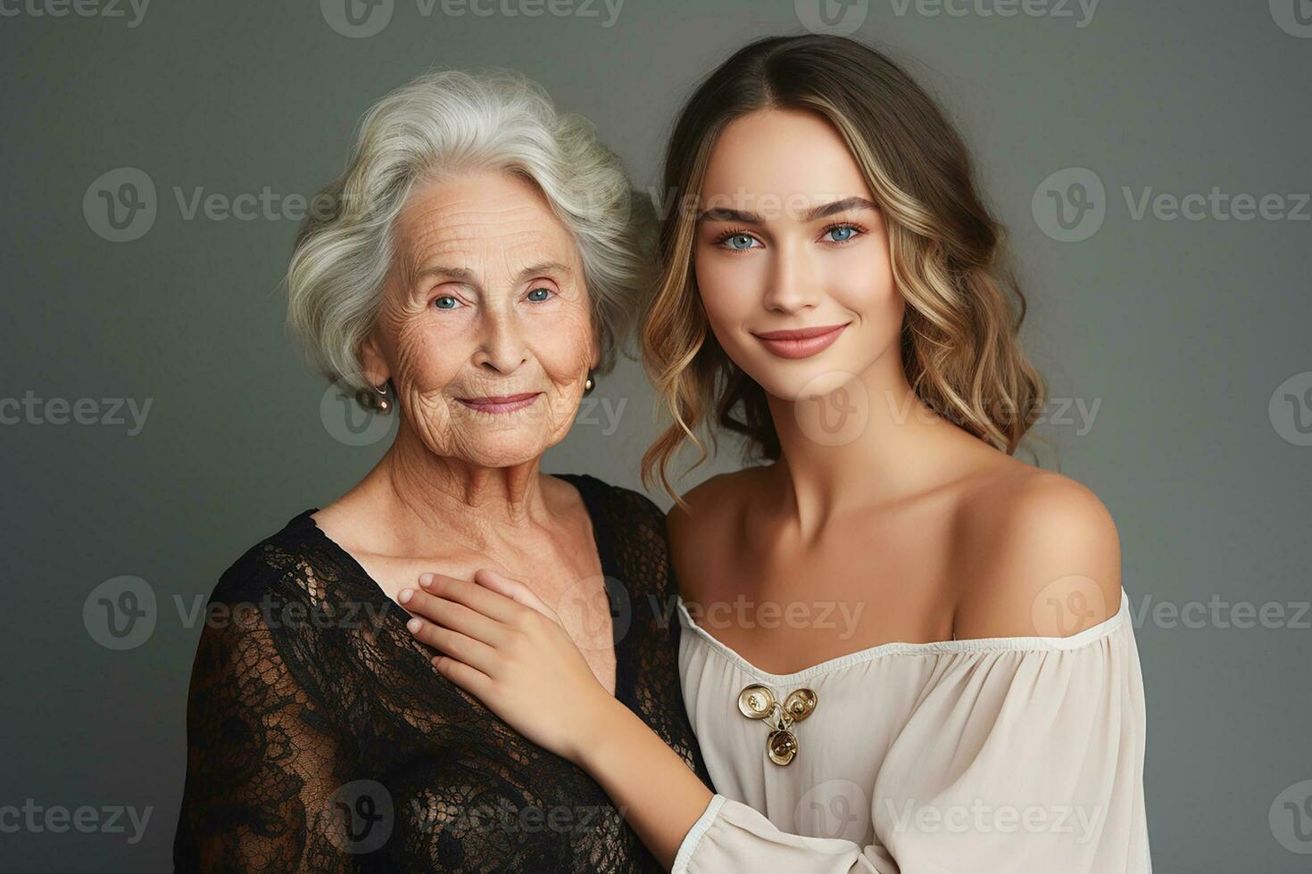 AI generated Portrait of young woman with her mature mother on isolated background photo