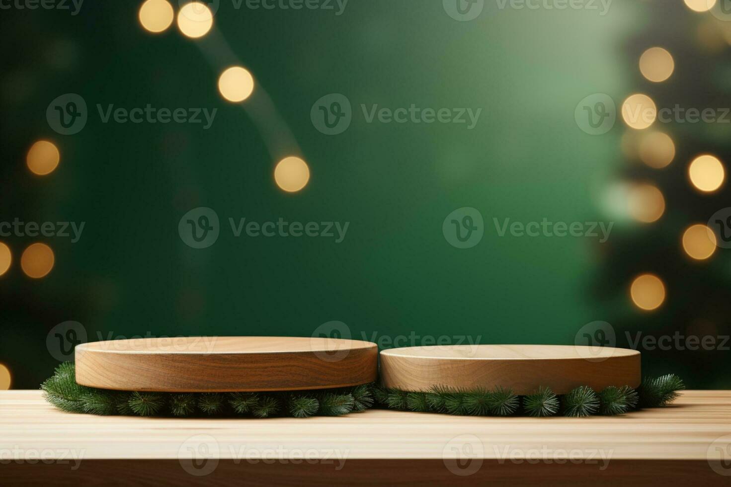AI generated Christmas elegant and natural podium with tree stage display mockup with lightbranches of spruce pine photo
