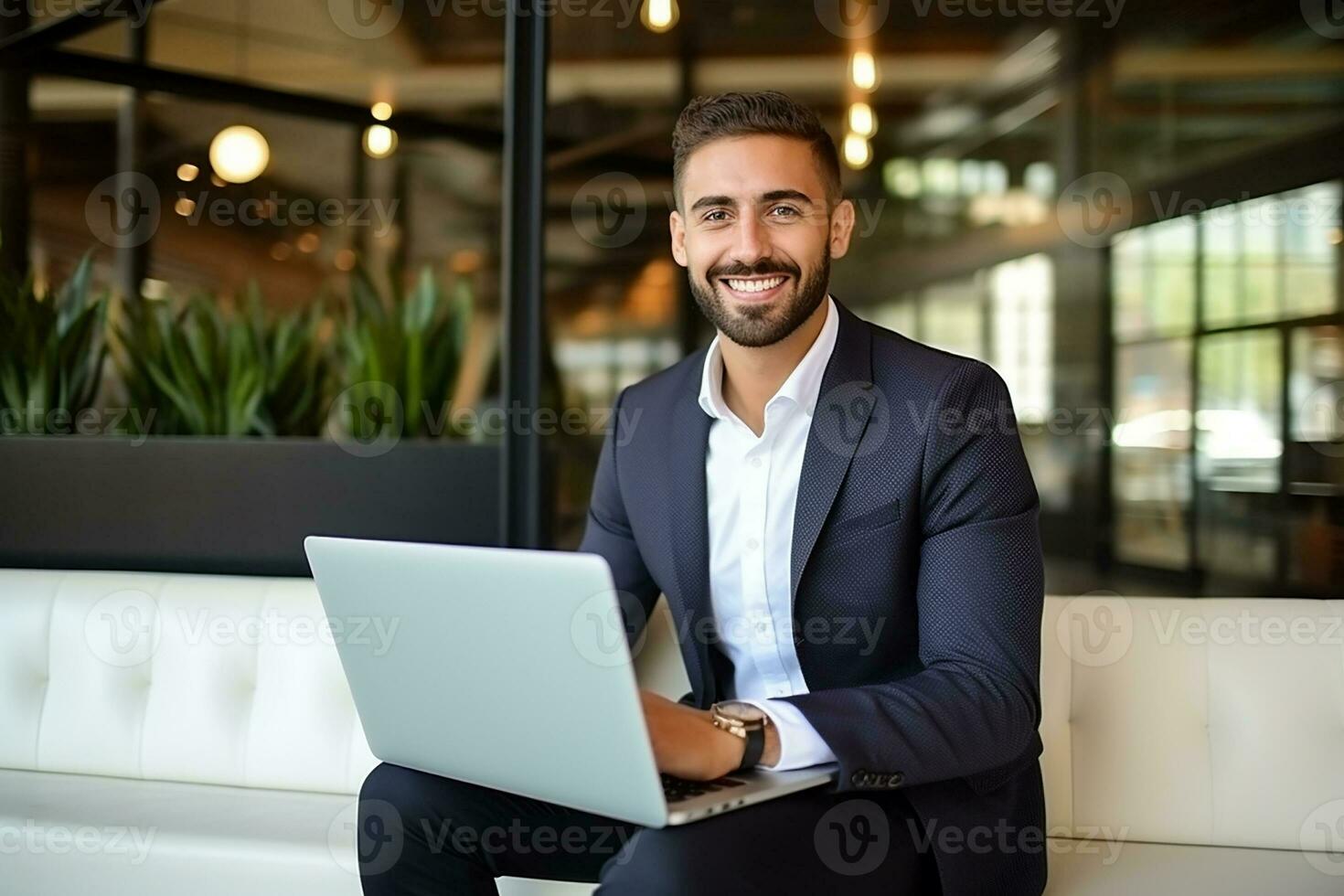 AI generated Male entrepreneur working on a computer at office photo