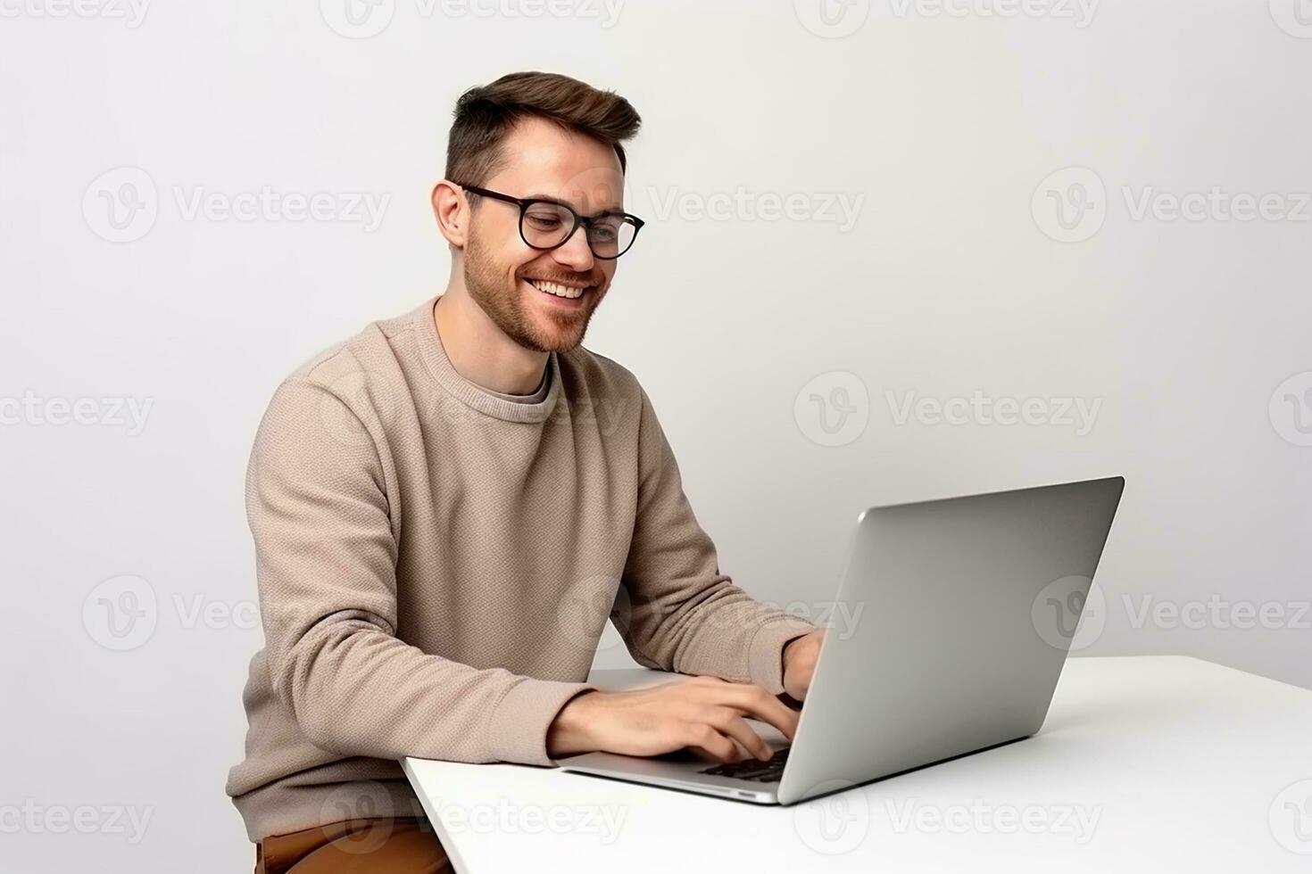 AI generated smiling bearded man in eyeglases using laptop photo