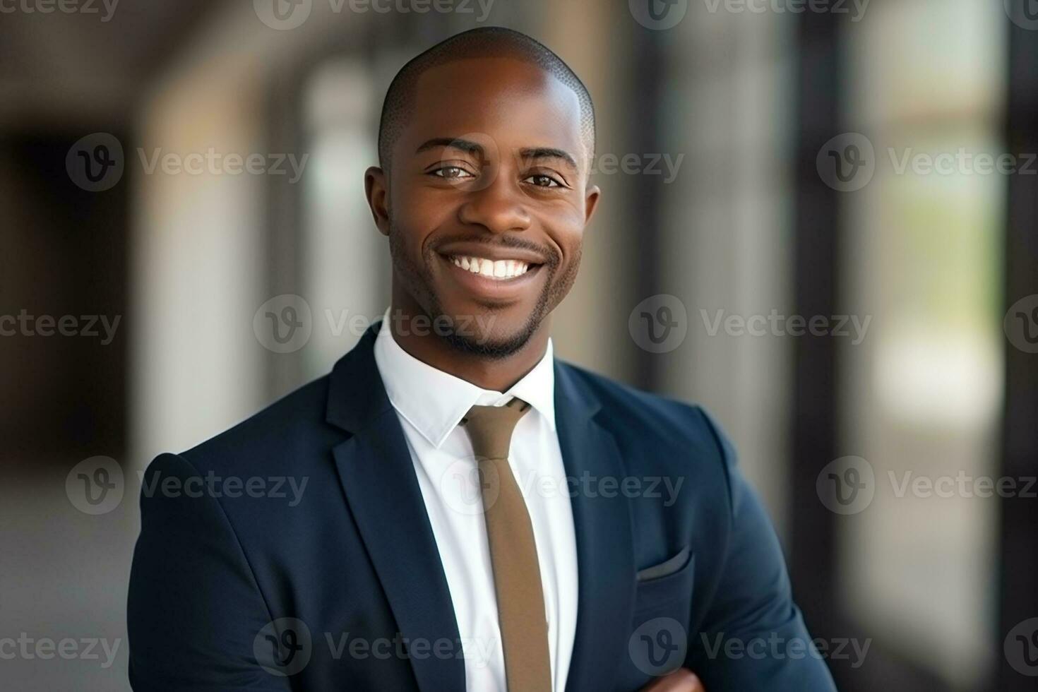 ai generado retrato de confidente empresario en pie en moderno oficina foto