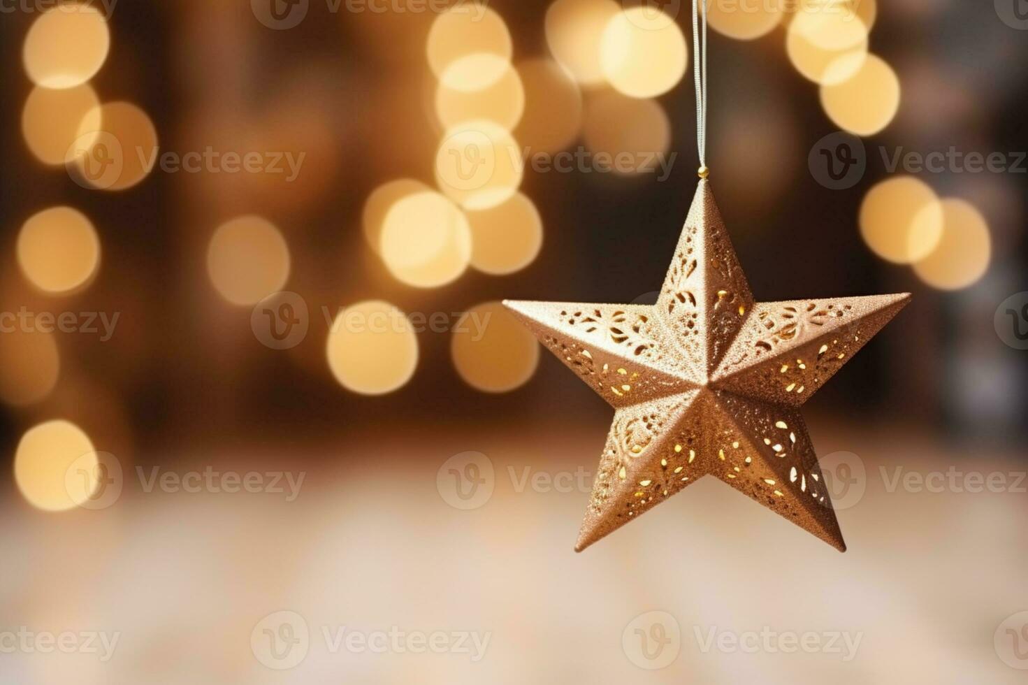 AI generated Selective focus shot of star ornament hanging on christmas tree photo