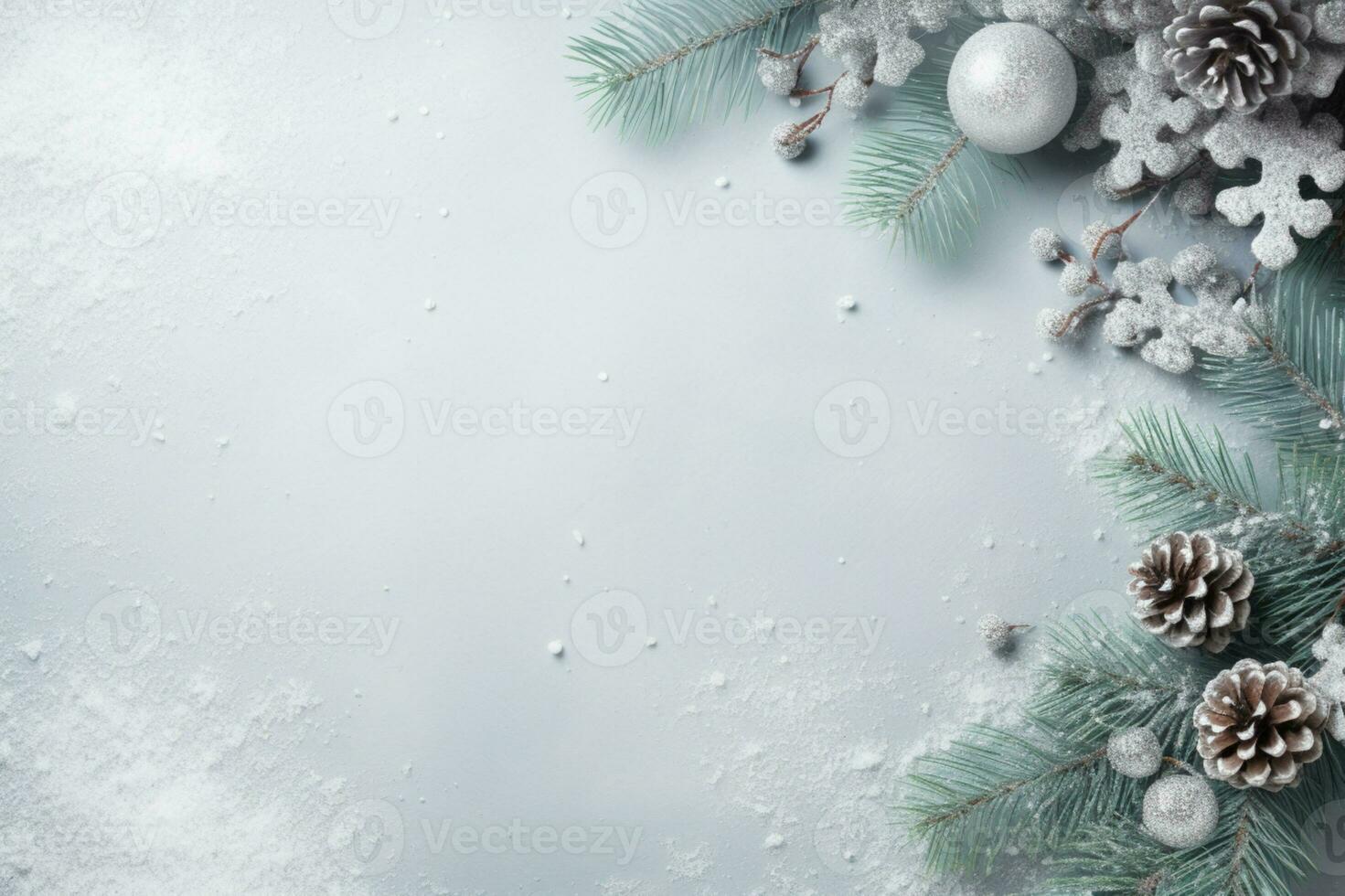 AI generated Christmas composition of branches with baubles and gifts with copy space photo