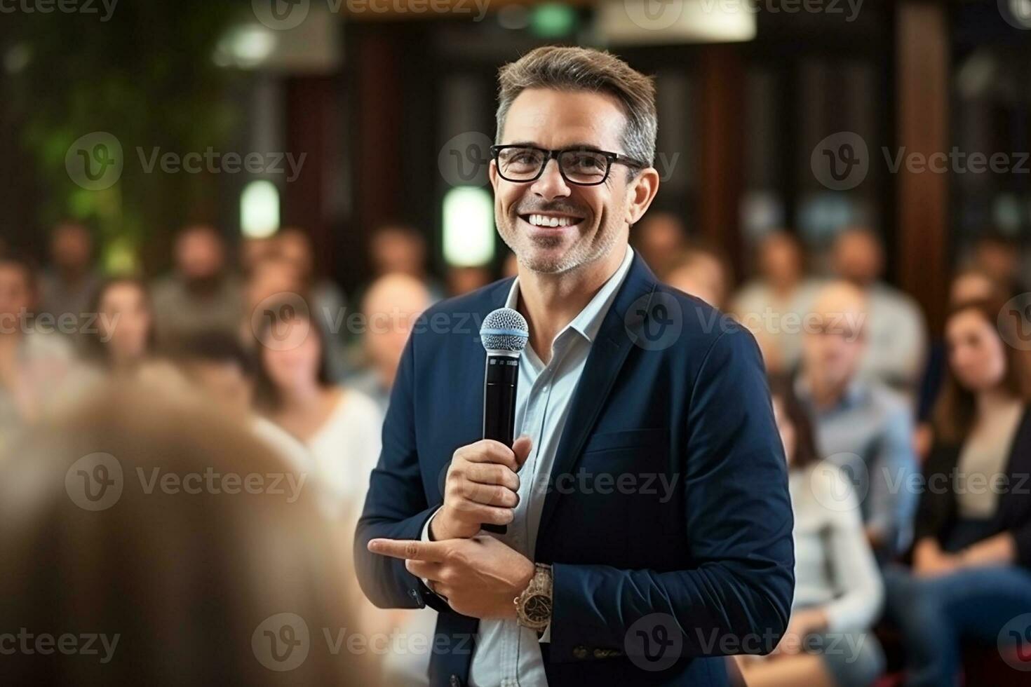 AI generated male speaker giving a talk on corporate business conference. Unrecognizable people in audience at conference hall. Business and Entrepreneurship event photo