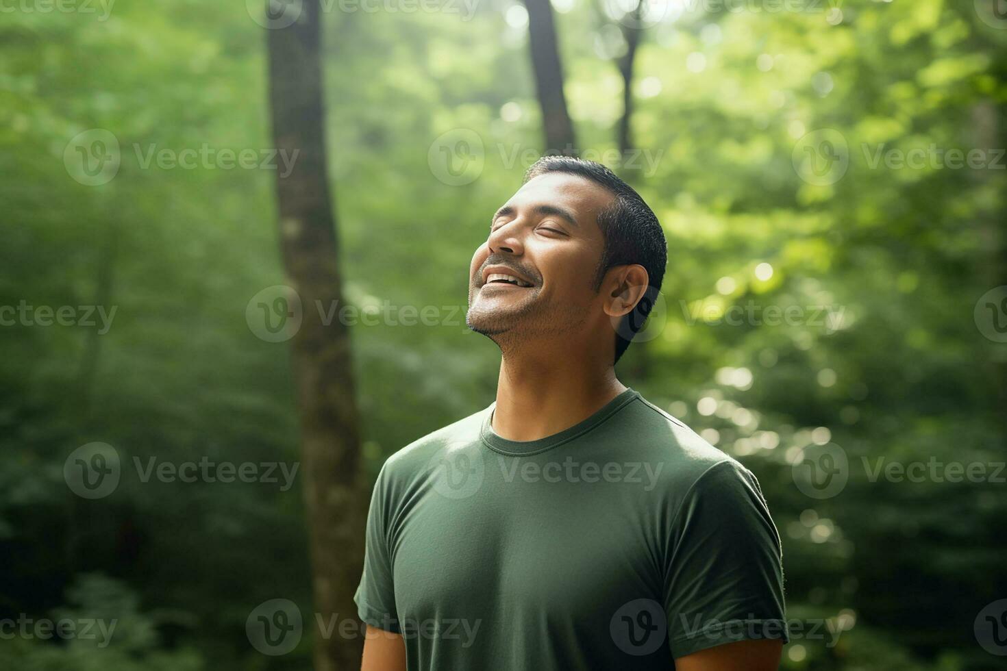 AI generated closeup portrait of sportsman in park with eyes closed breathing fresh photo