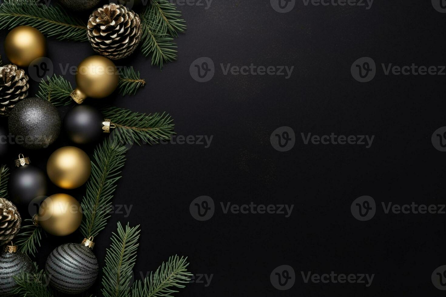 AI generated christmas holidays composition of fir tree branches with baubles and copy space photo