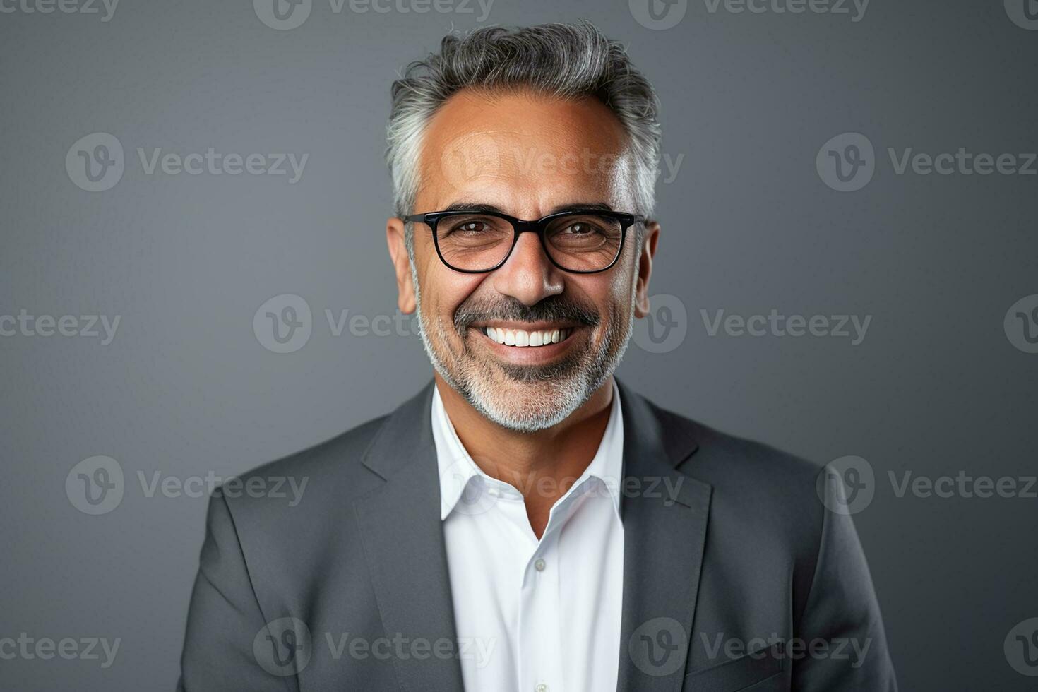 AI generated Successful businessman with crossed arms stands on a gray background photo
