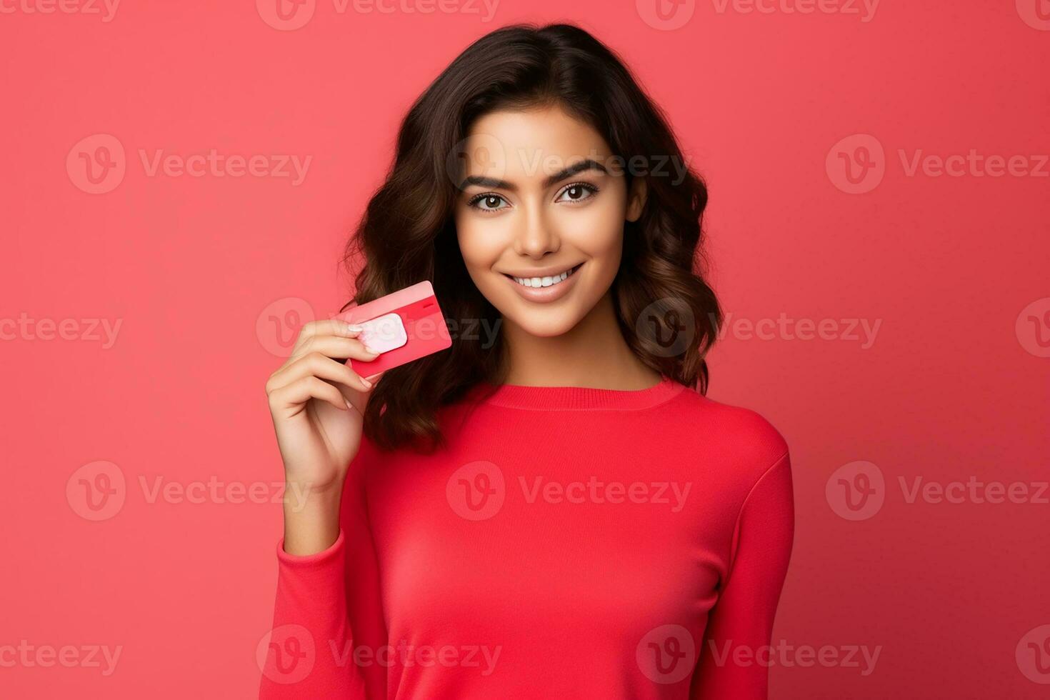 AI generated Portrait of a beautiful young woman with credit card on isolated background generative AI photo