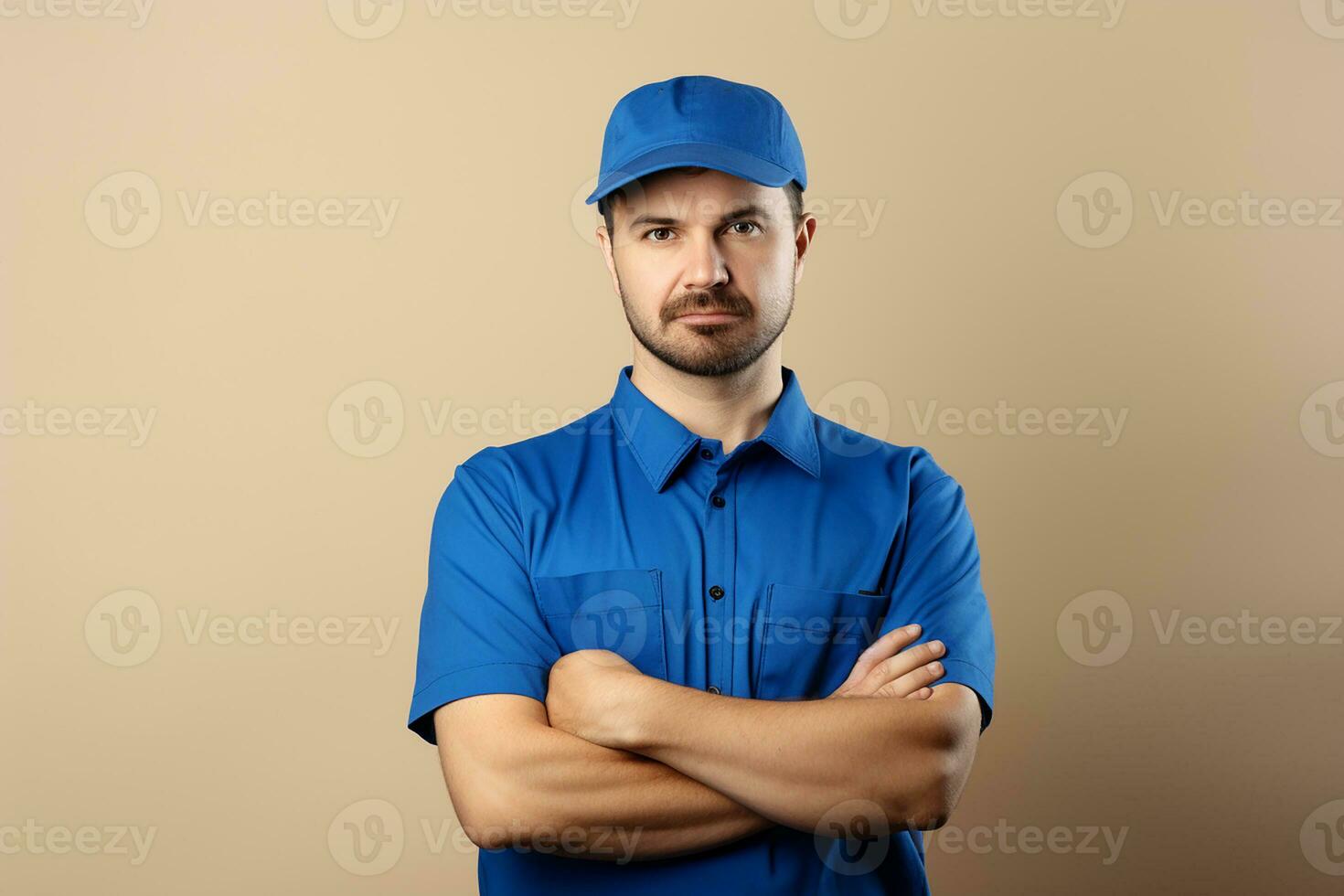 AI generated young handsome delivery man in blue uniform and cap looking confident smiling friendly arm crossed photo