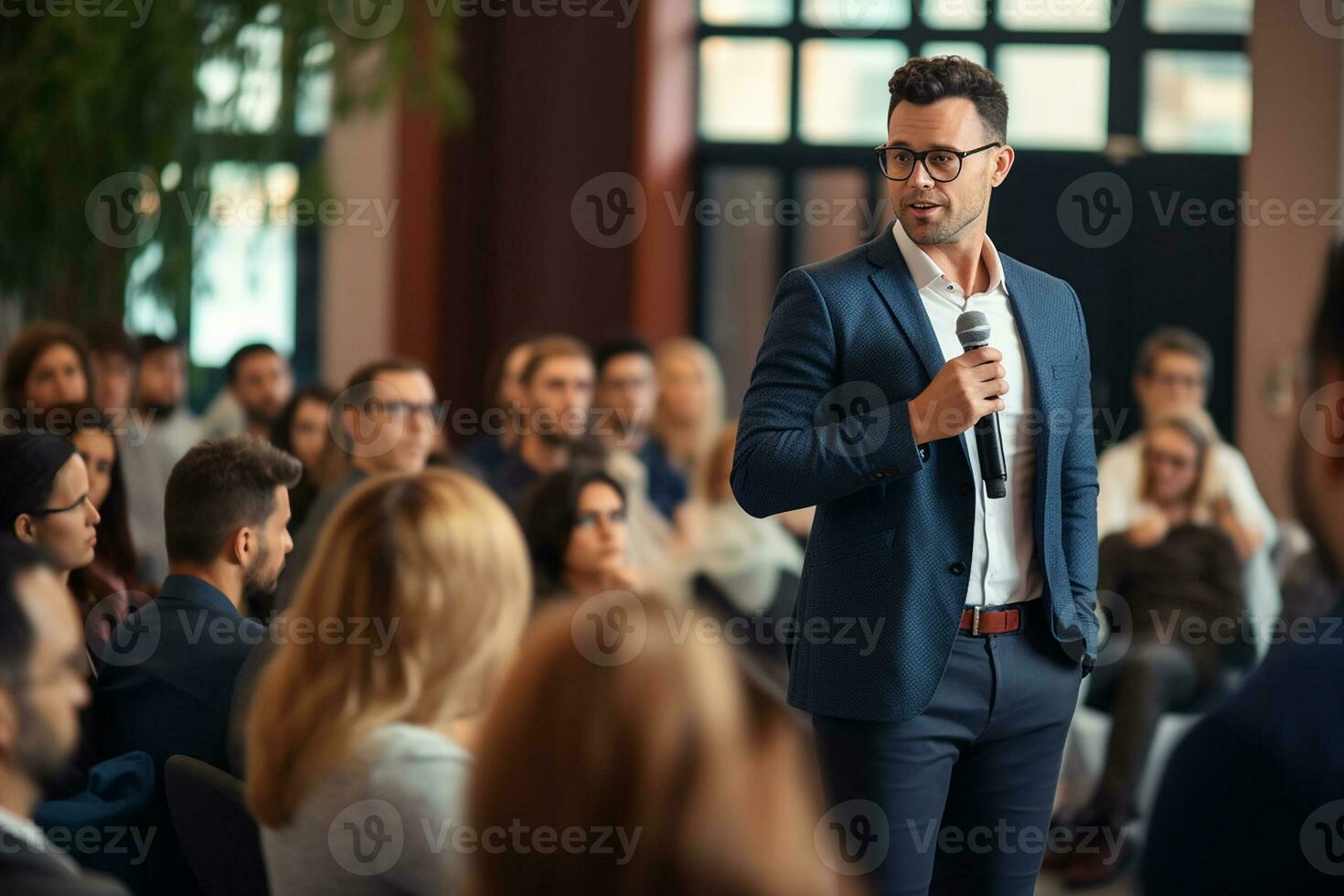 AI generated male speaker giving a talk on corporate business conference. Unrecognizable people in audience at conference hall. Business and Entrepreneurship event photo